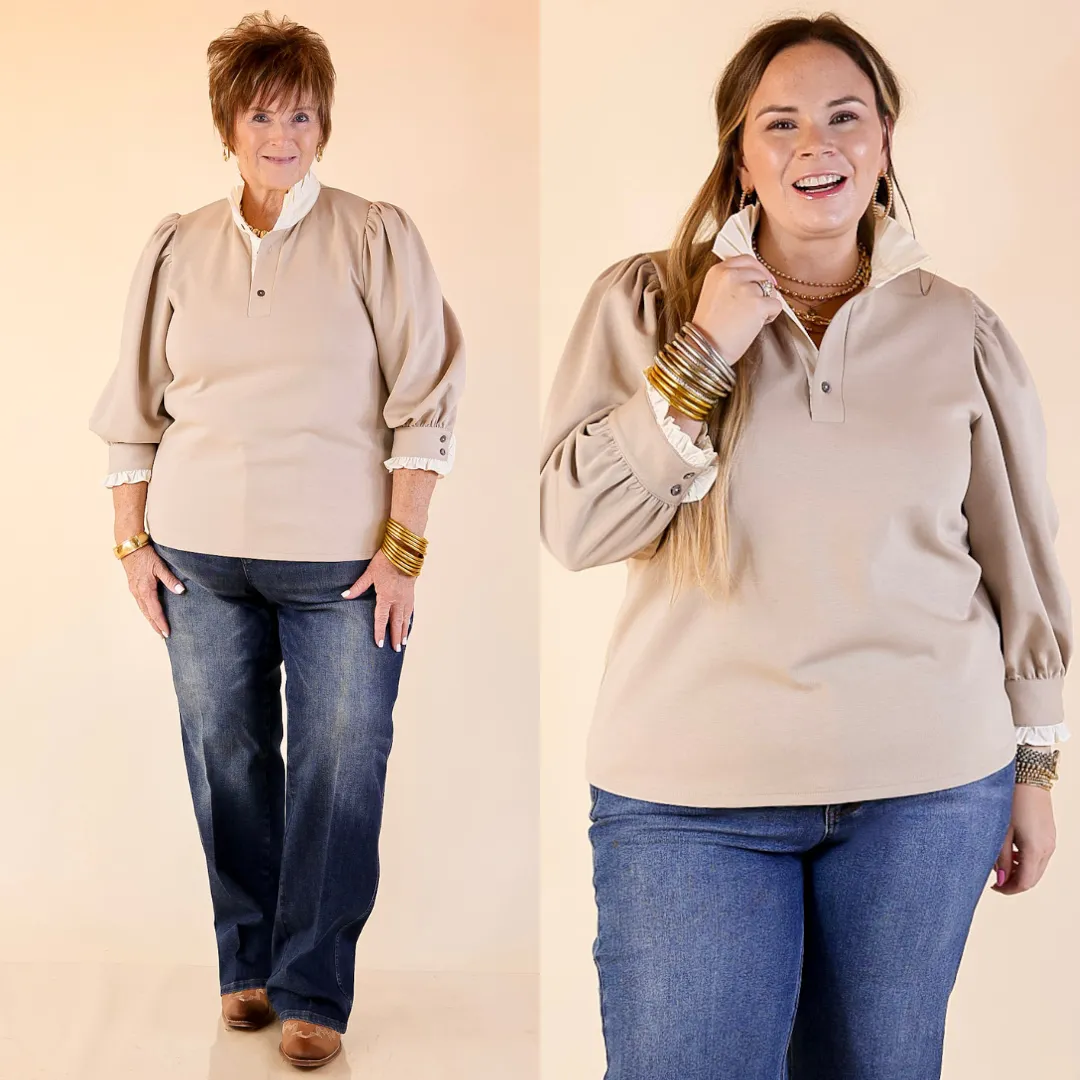 Refined Edge Puff 3/4 Sleeve Top with Collar Detailing in Sand HypoallergenicMaterial SlimFit