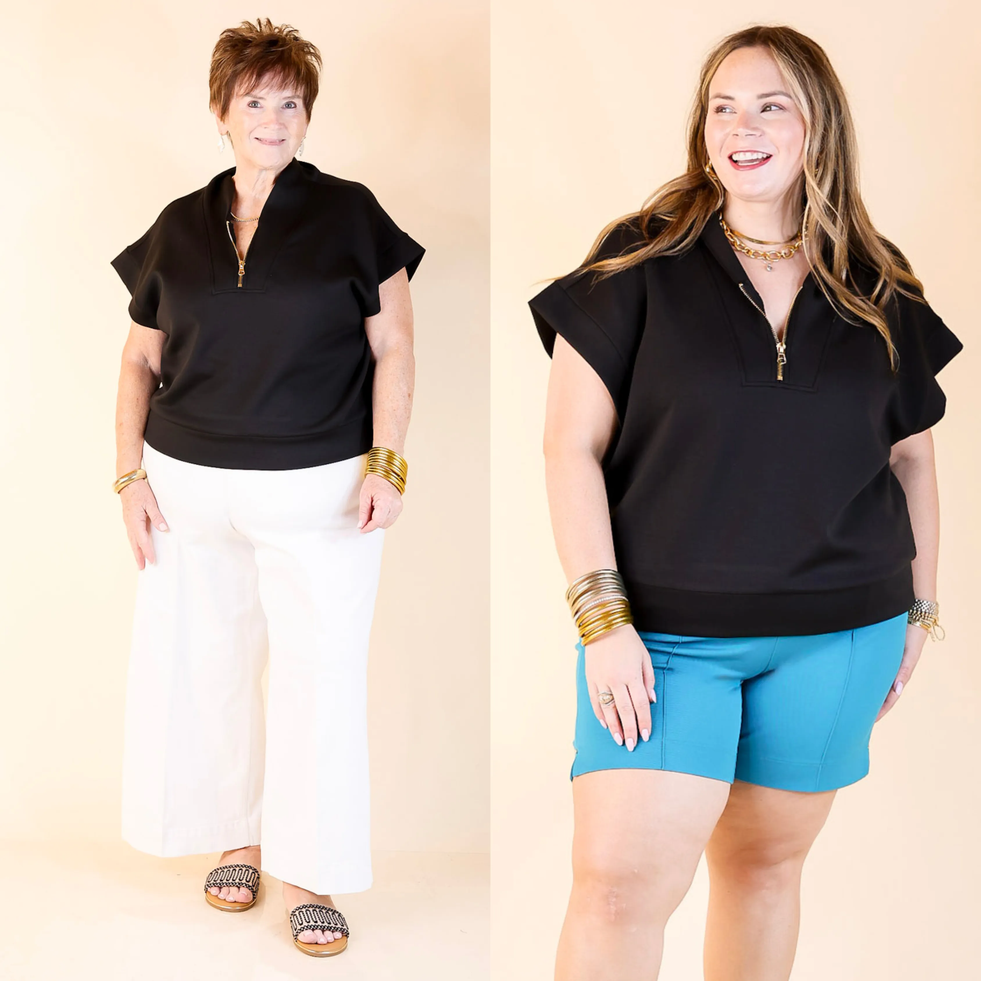 Top Priority Half Zip Collared Scuba Top in Black AntiPill Surface