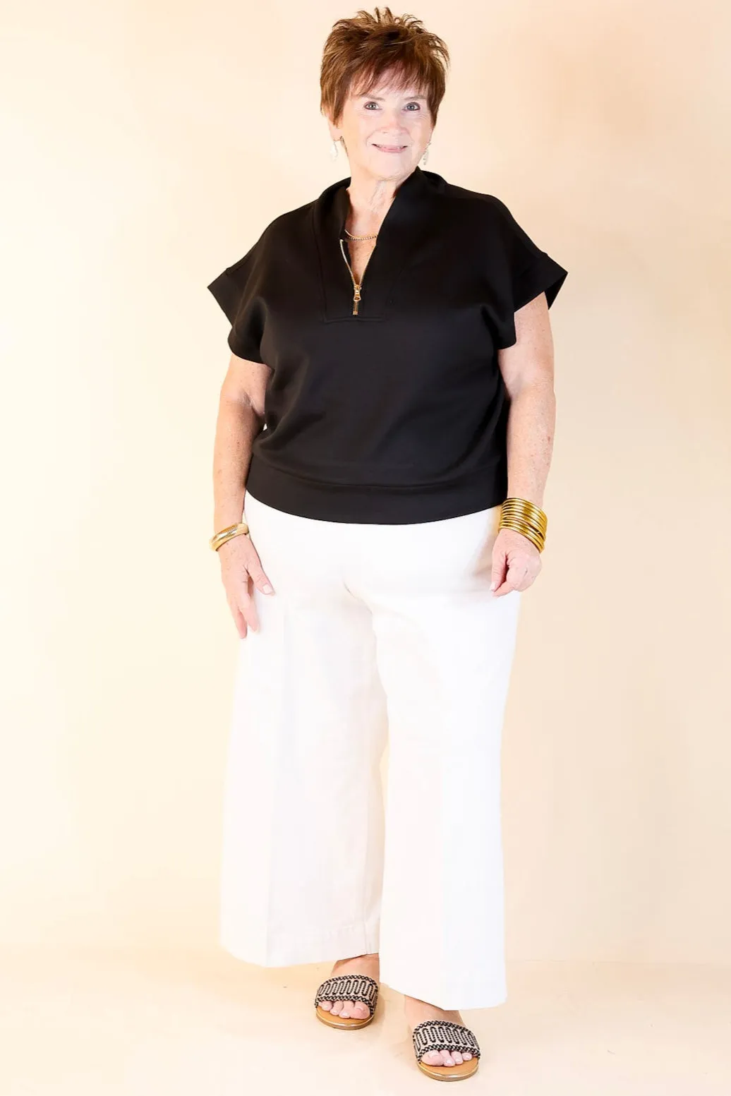 Top Priority Half Zip Collared Scuba Top in Black DualLayer Weave