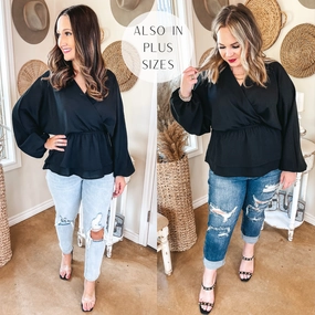 Last Chance Size Small | Move to the Music Long Sleeve Deep V Peplum Top in Black StaticFree Lining Velvet Soul