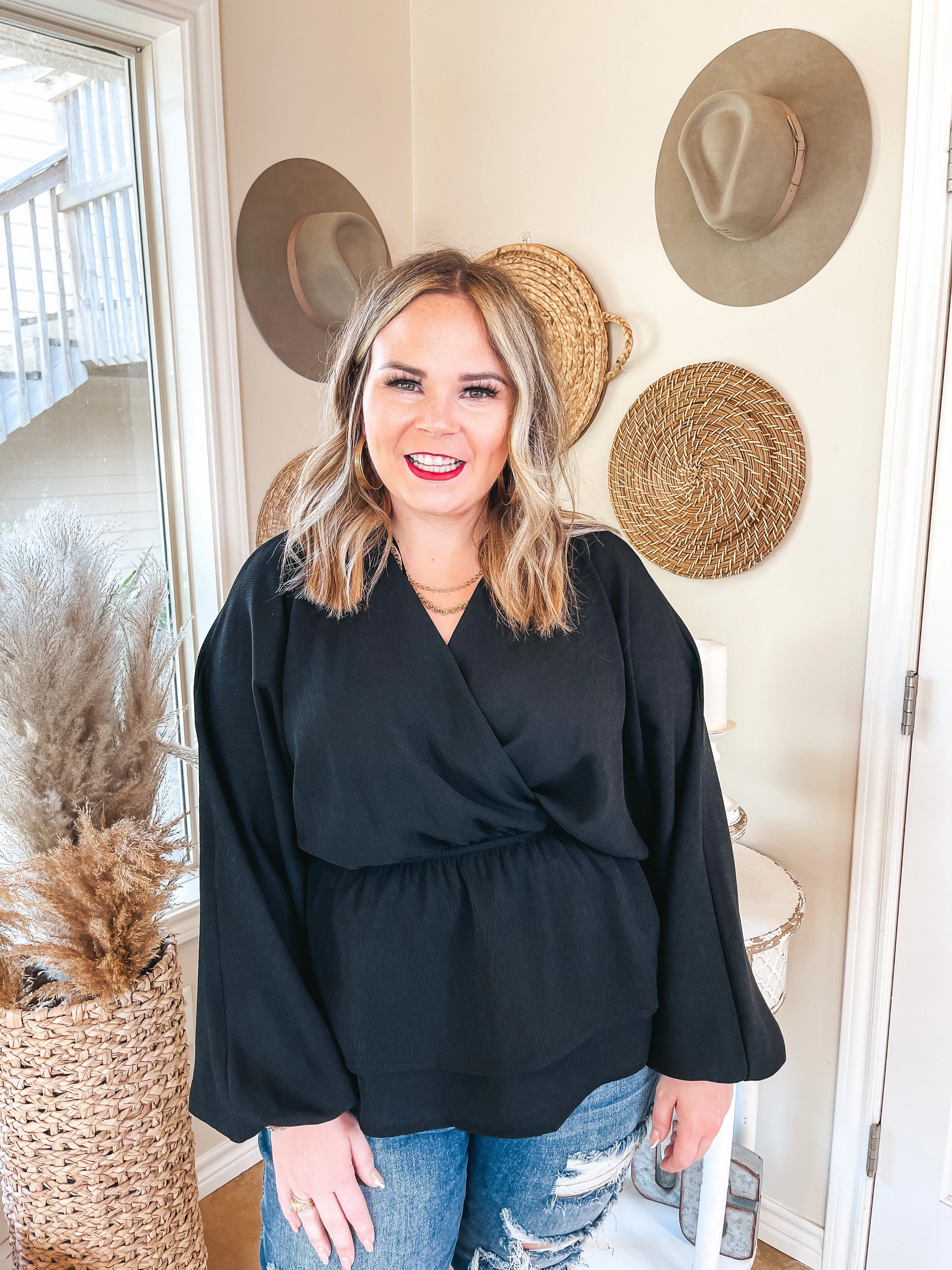 yoga mode FlexibleCollarDesign Last Chance Size Small | Move to the Music Long Sleeve Deep V Peplum Top in Black