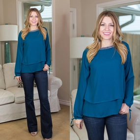 Last Chance Size Small | Glimmer in the Night Blouse with Beaded Neckline in Teal Blue QuickDry Material