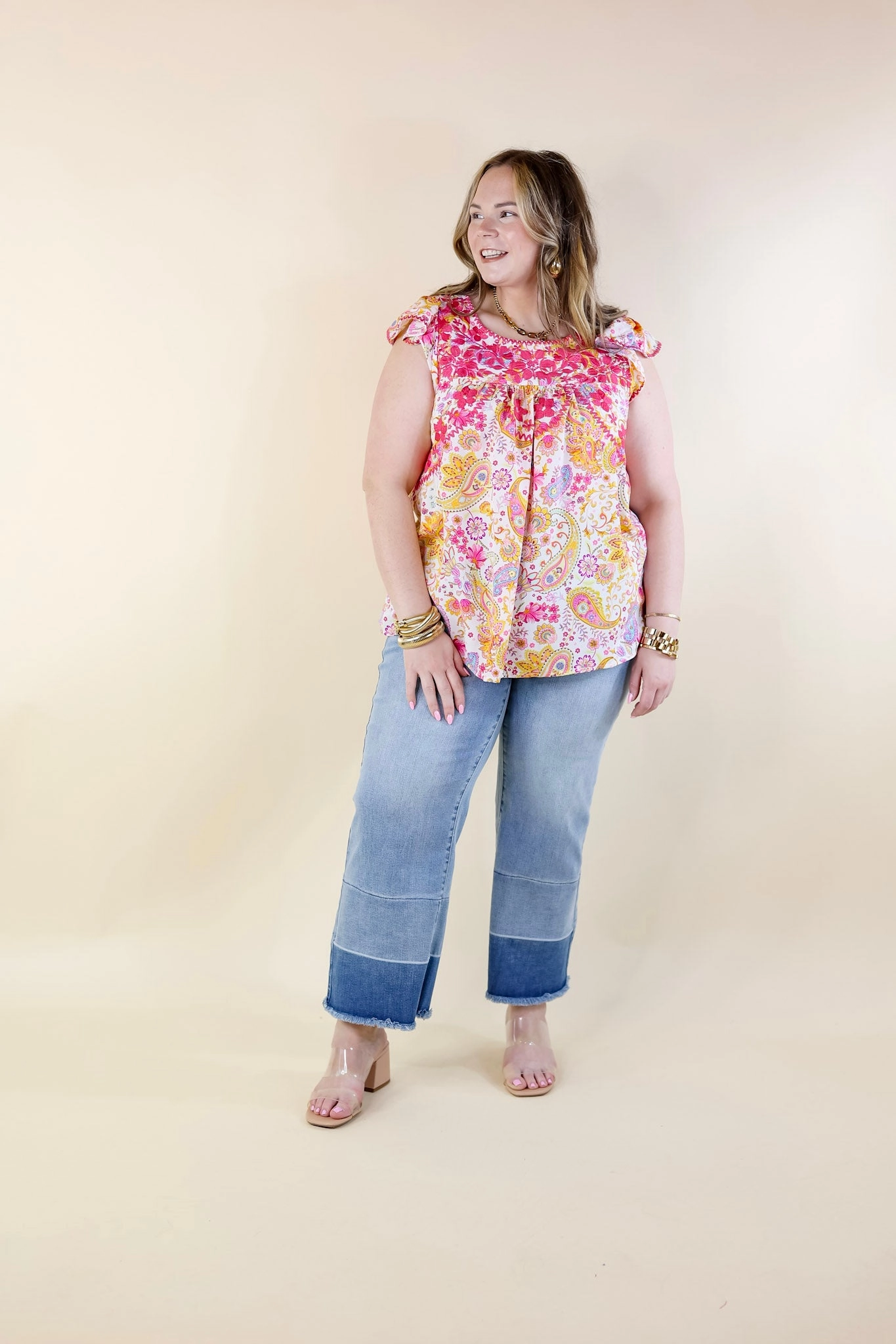 Serene Splendor Paisley Print Top with Pink Floral Embroidery in White AbrasionResistantClothing