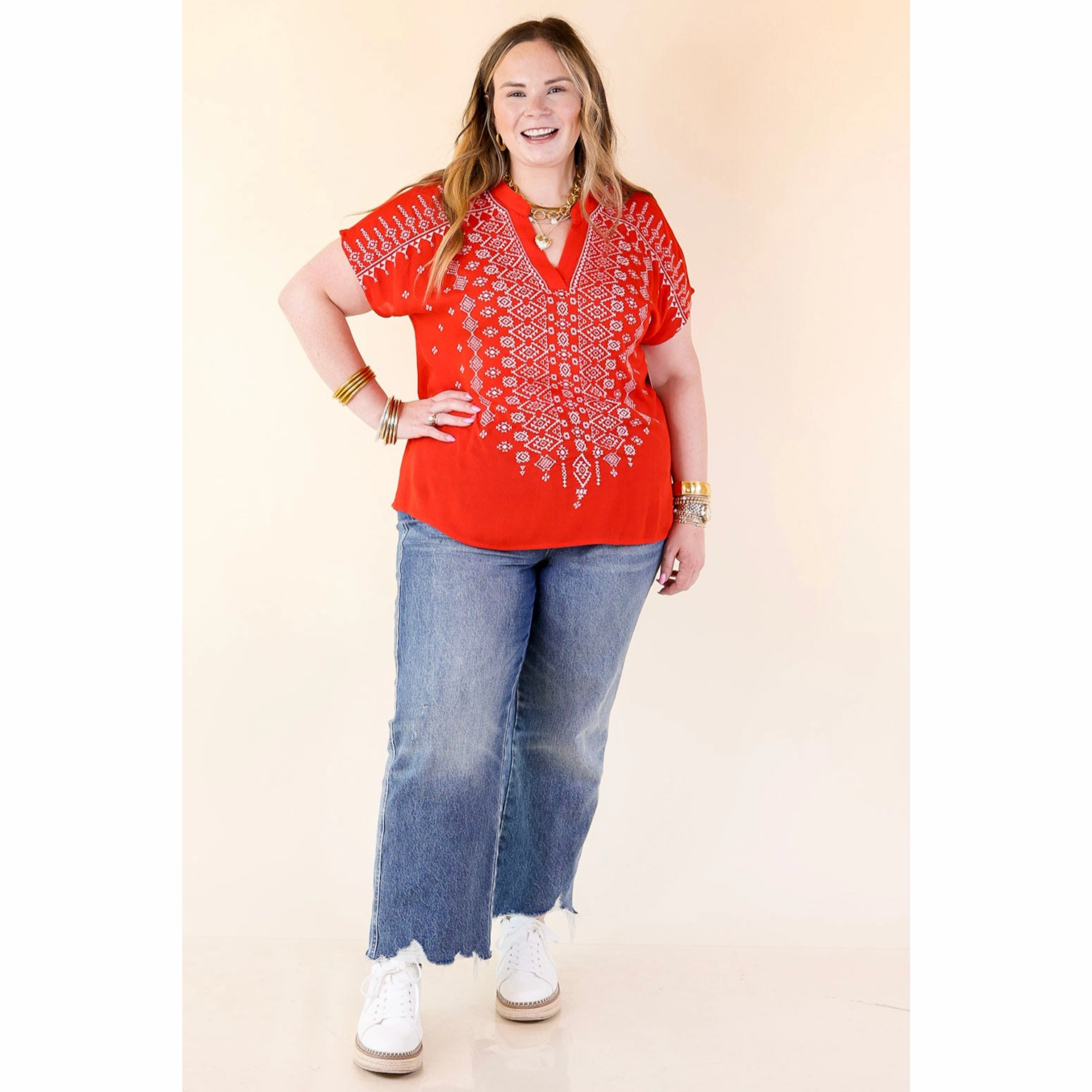 Fredericksburg Feeling Embroidered Short Sleeve Notched Neck Top in Red RollUpSleeves PaddedInsulation