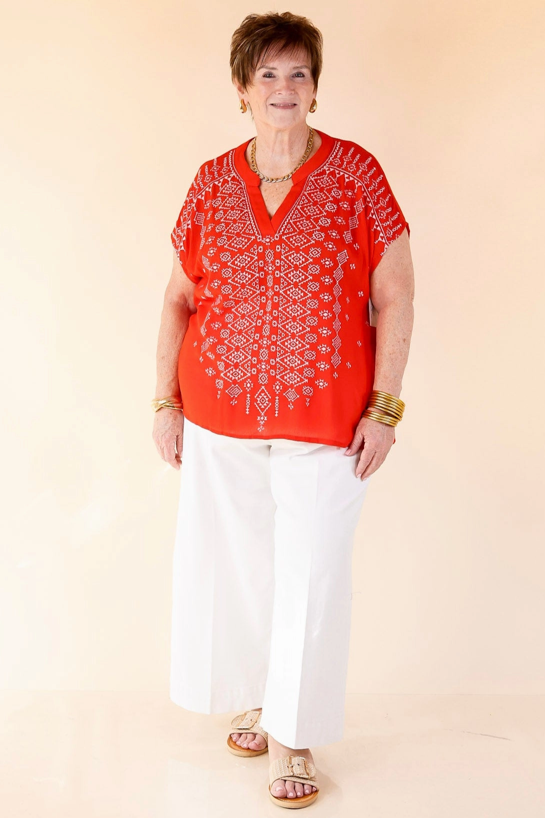 OversizedSilhouette Fredericksburg Feeling Embroidered Short Sleeve Notched Neck Top in Red