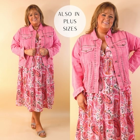 StaticResistantTextile Modern Design Instantly Impressed Cropped Denim Jacket with Silver Studs in Hot Pink