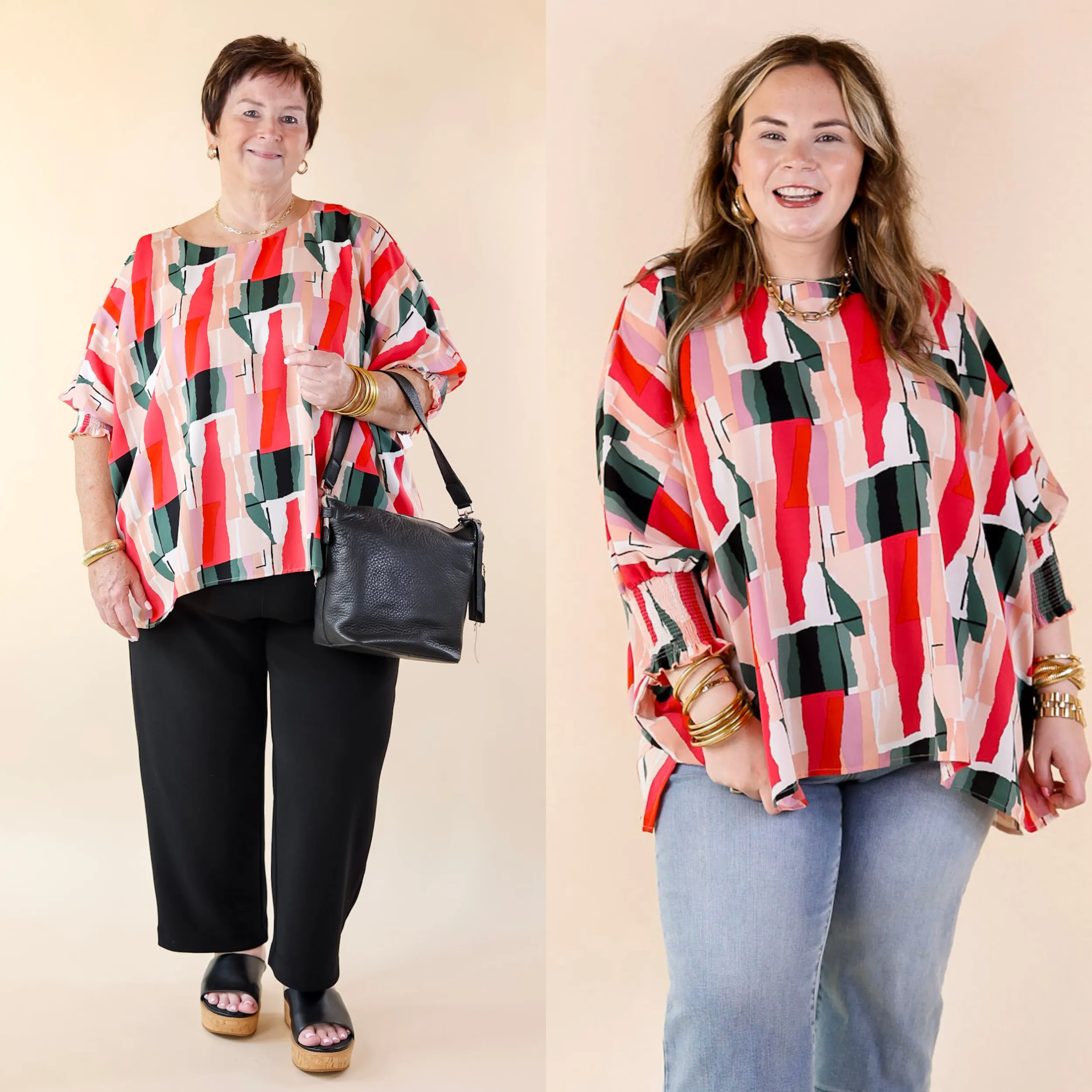 Museum Bound Abstract Print Top in Red and Green Beach Ready