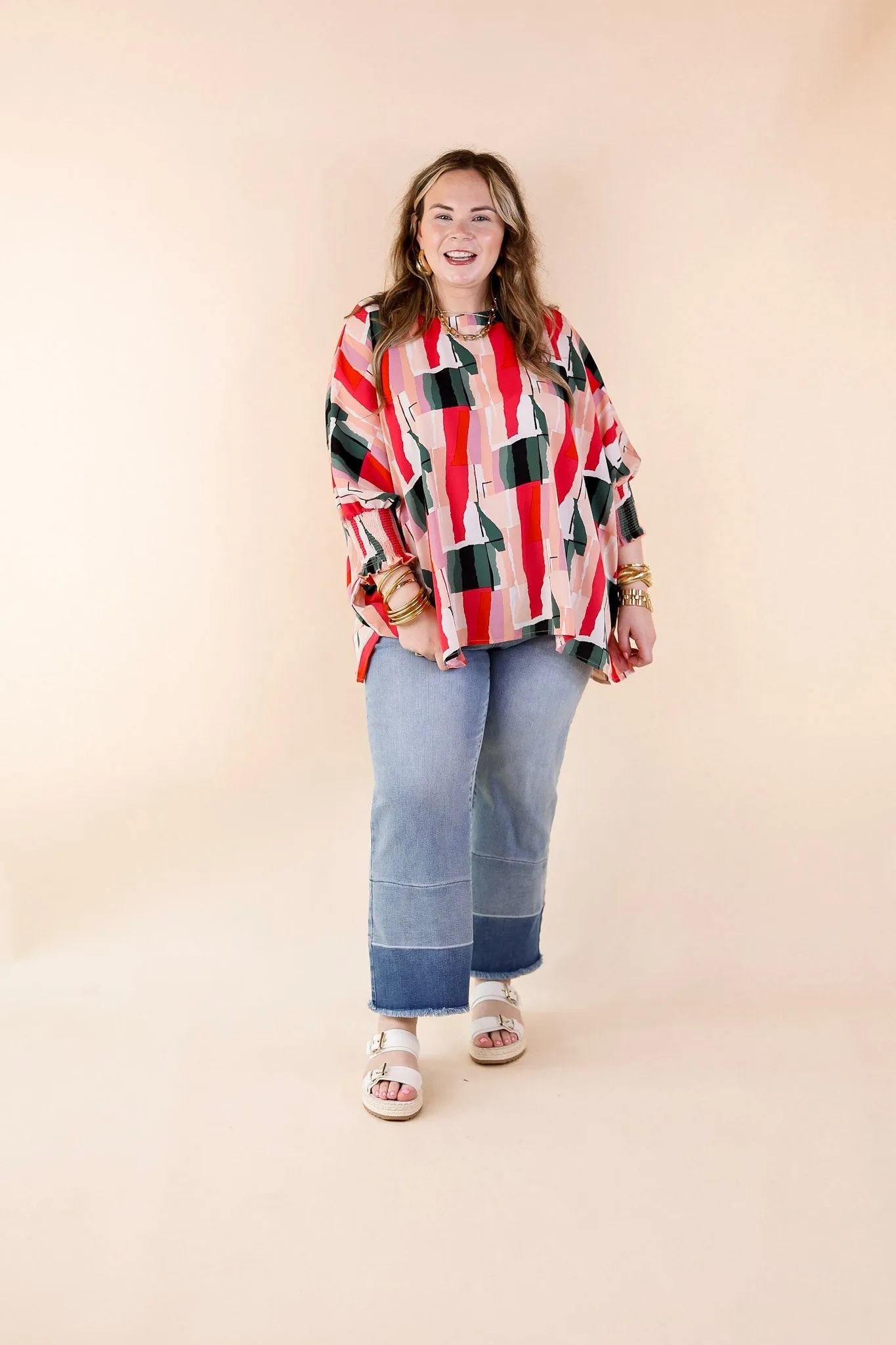 NonRestrictive Design UVProtective Coating Museum Bound Abstract Print Top in Red and Green