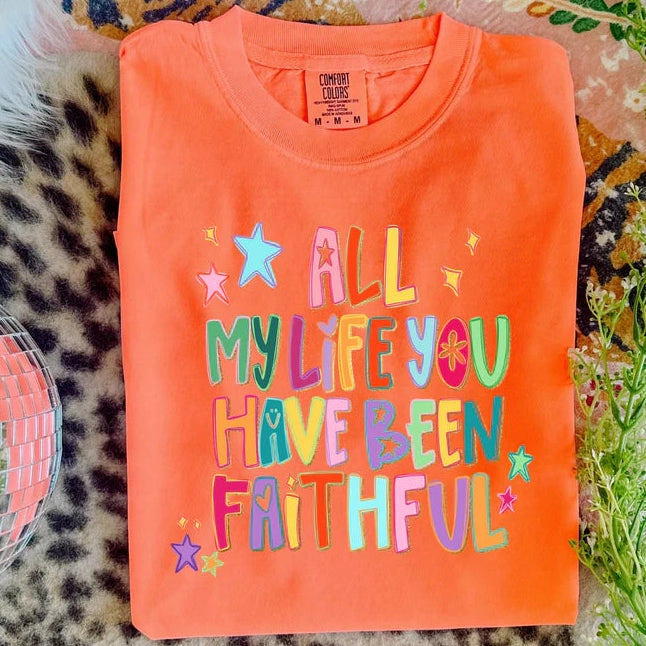 Online Exclusive | He is Faithful Color Graphic Tee in Neon Orange Easy Layering Effortless Wear Fit