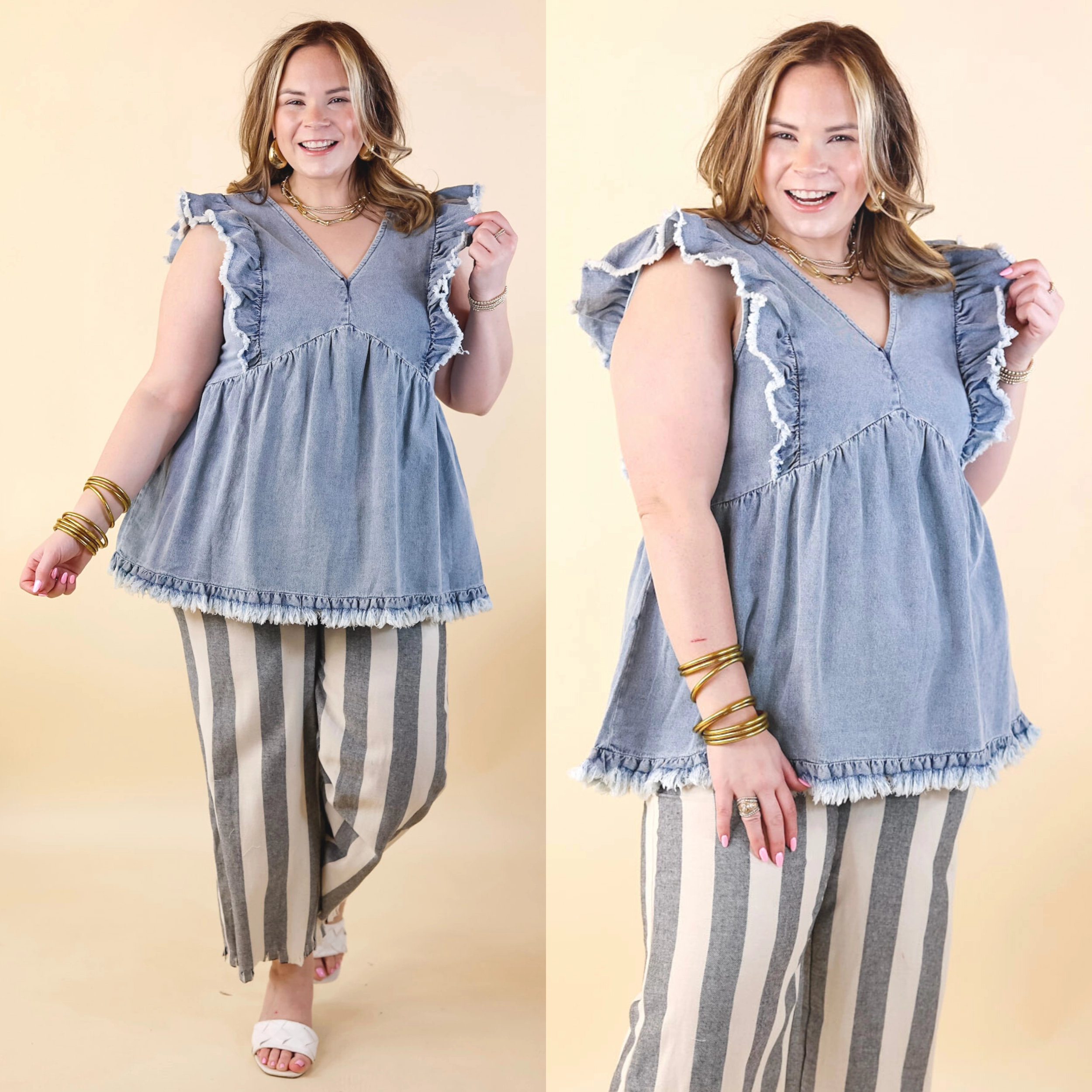 Name Of The Game Denim Ruffle Cap Sleeve Top in Medium Wash Moisture Wicking Technology