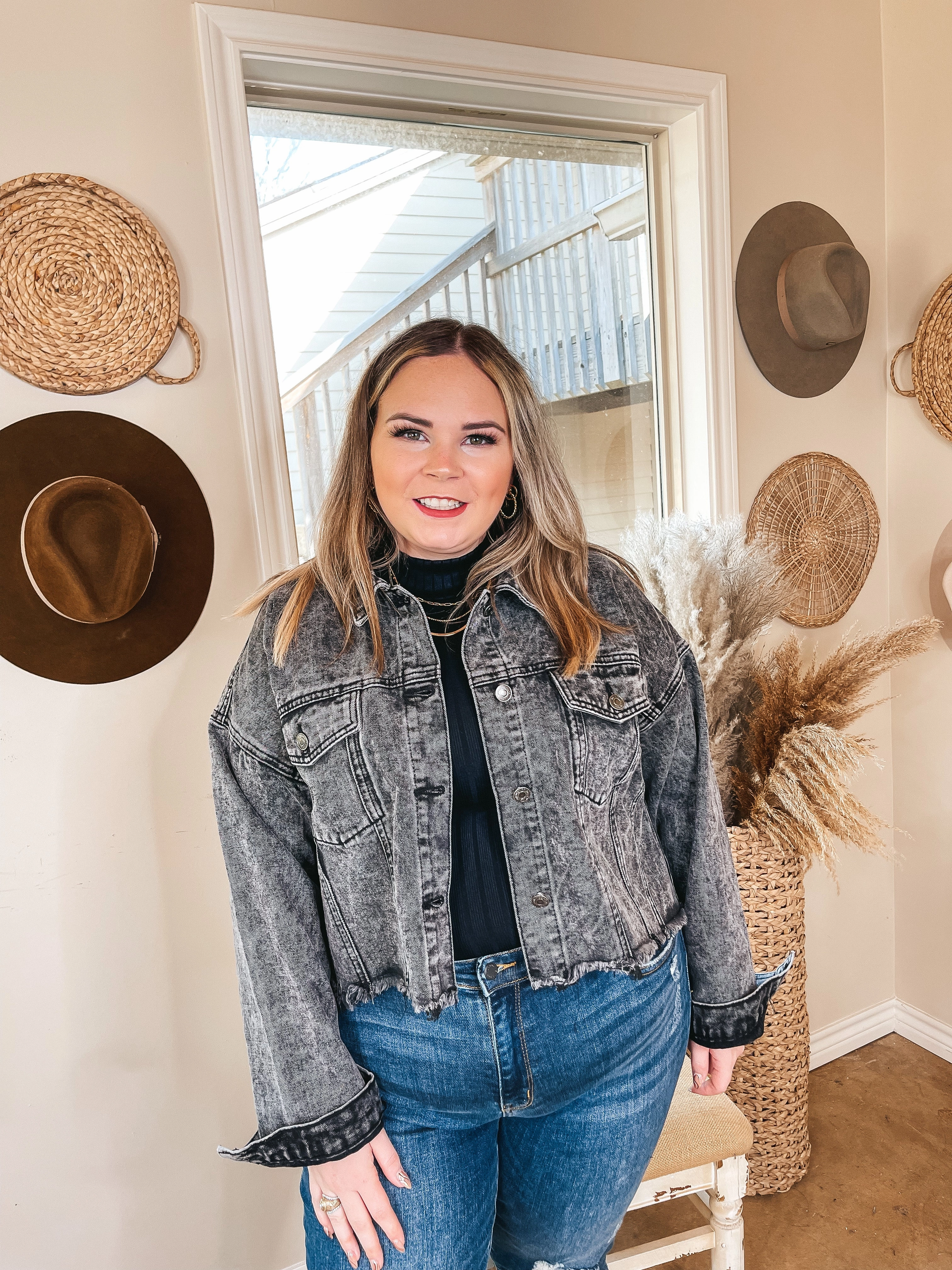 Nashville Nightlife Crystal Fringe Cropped Denim Jacket in Black Wash Hero Glow