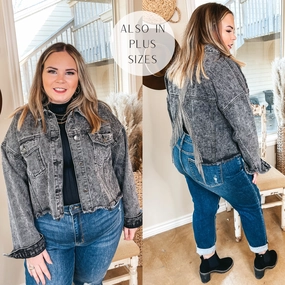 NoRubEdging Practical Style Nashville Nightlife Crystal Fringe Cropped Denim Jacket in Black Wash