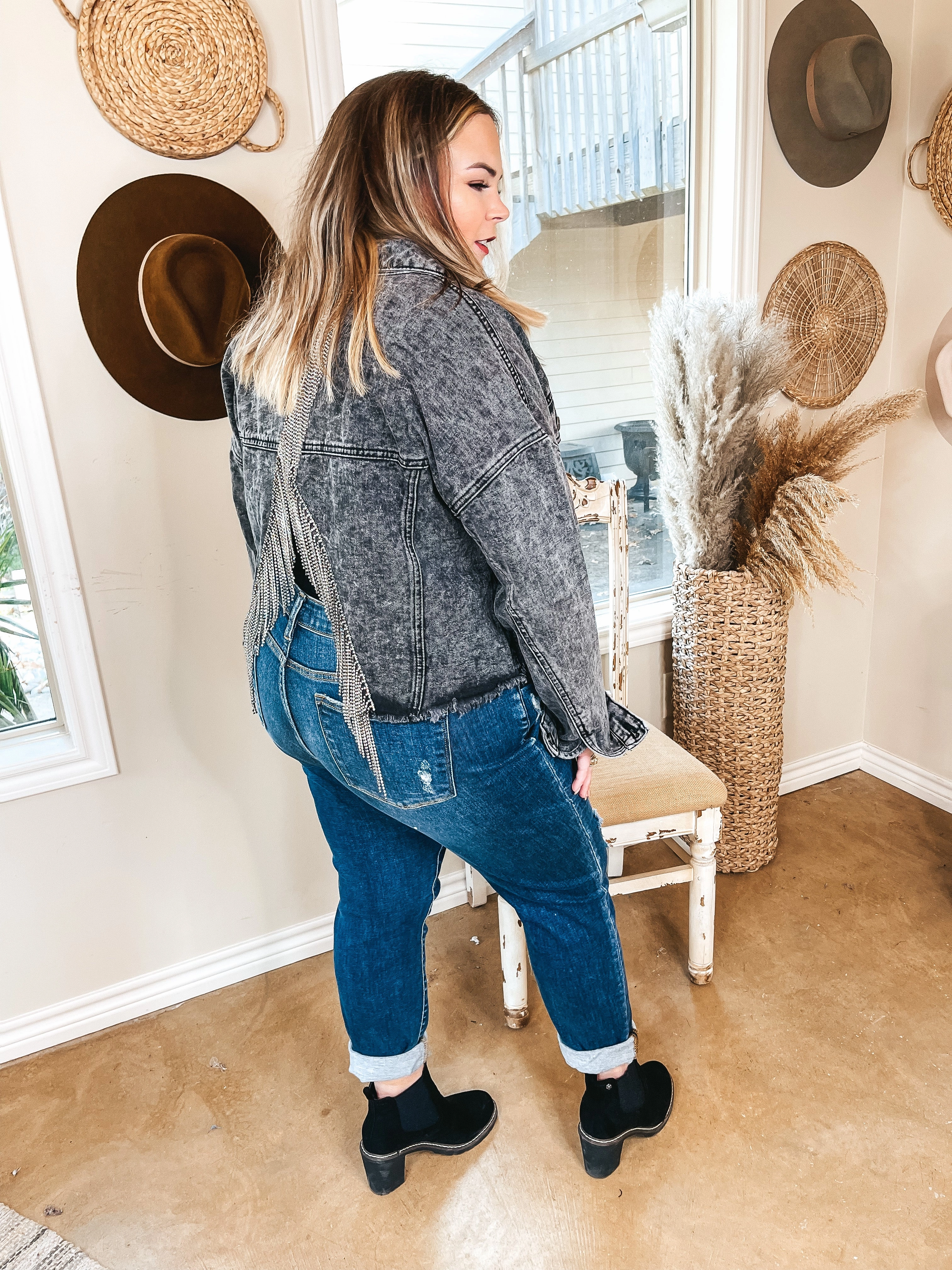 Nashville Nightlife Crystal Fringe Cropped Denim Jacket in Black Wash FlatlockSeaming Modern Fashion
