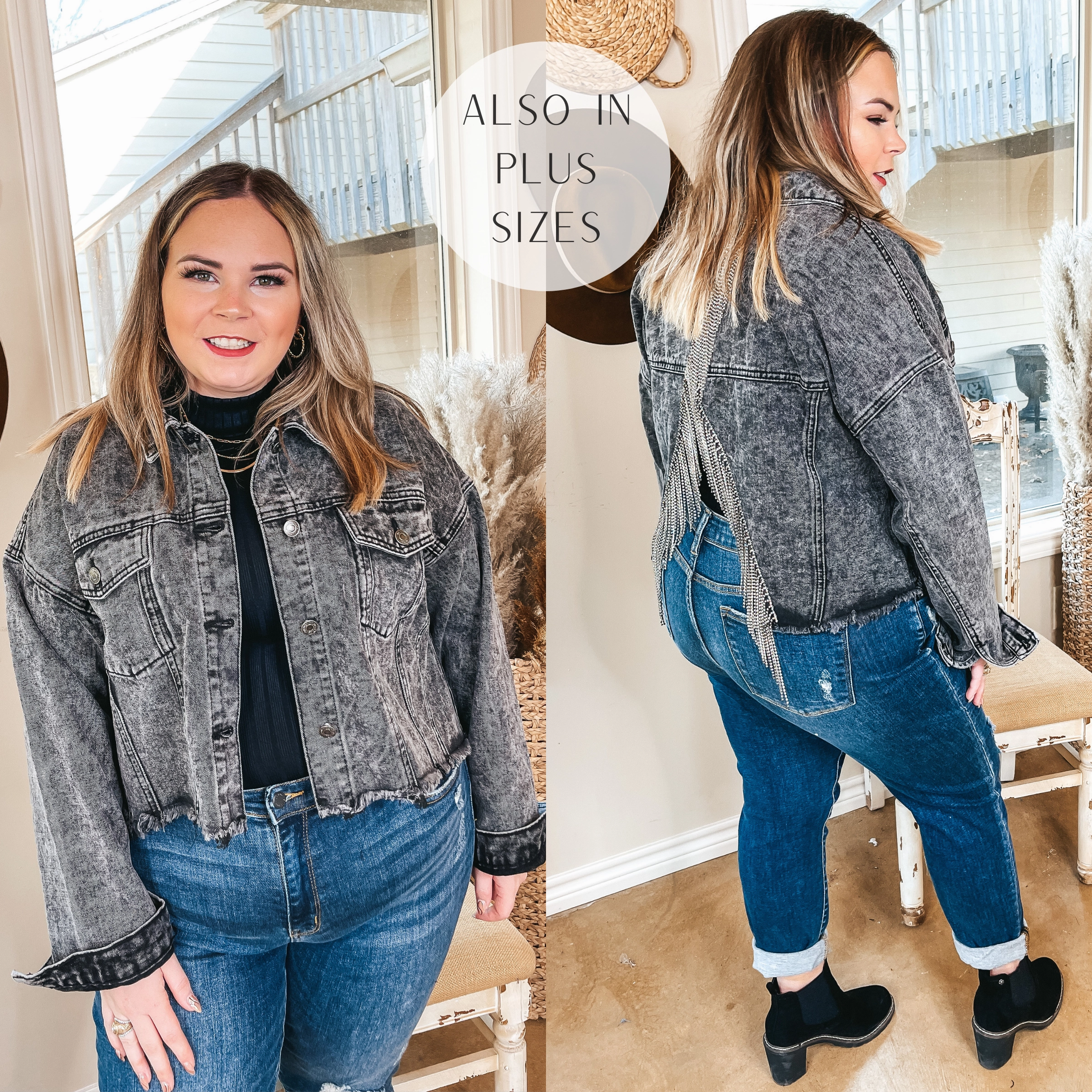 NoRubEdging Practical Style Nashville Nightlife Crystal Fringe Cropped Denim Jacket in Black Wash