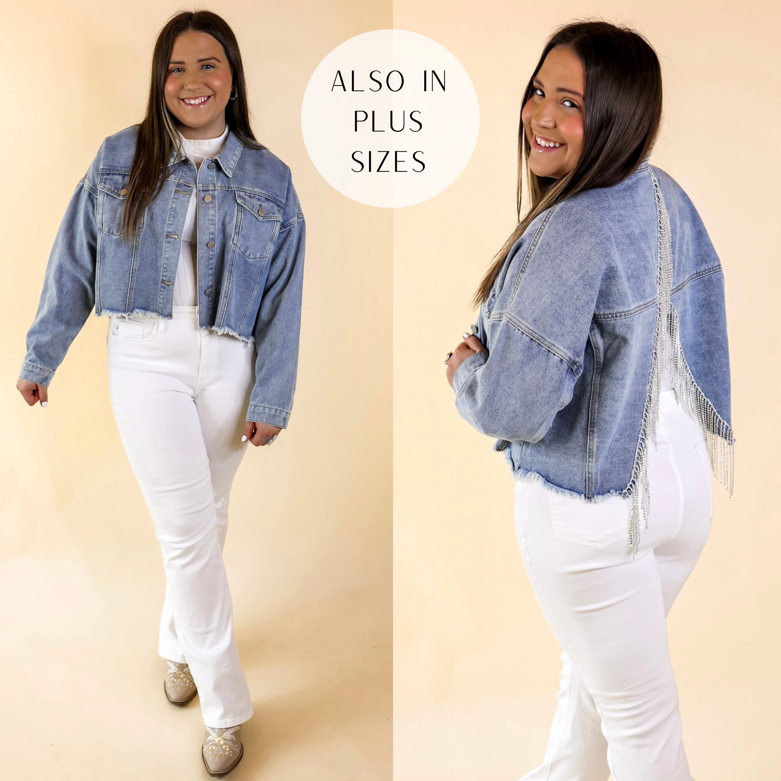 Nashville Nightlife Crystal Fringe Cropped Denim Jacket in Medium Wash Layering Wear