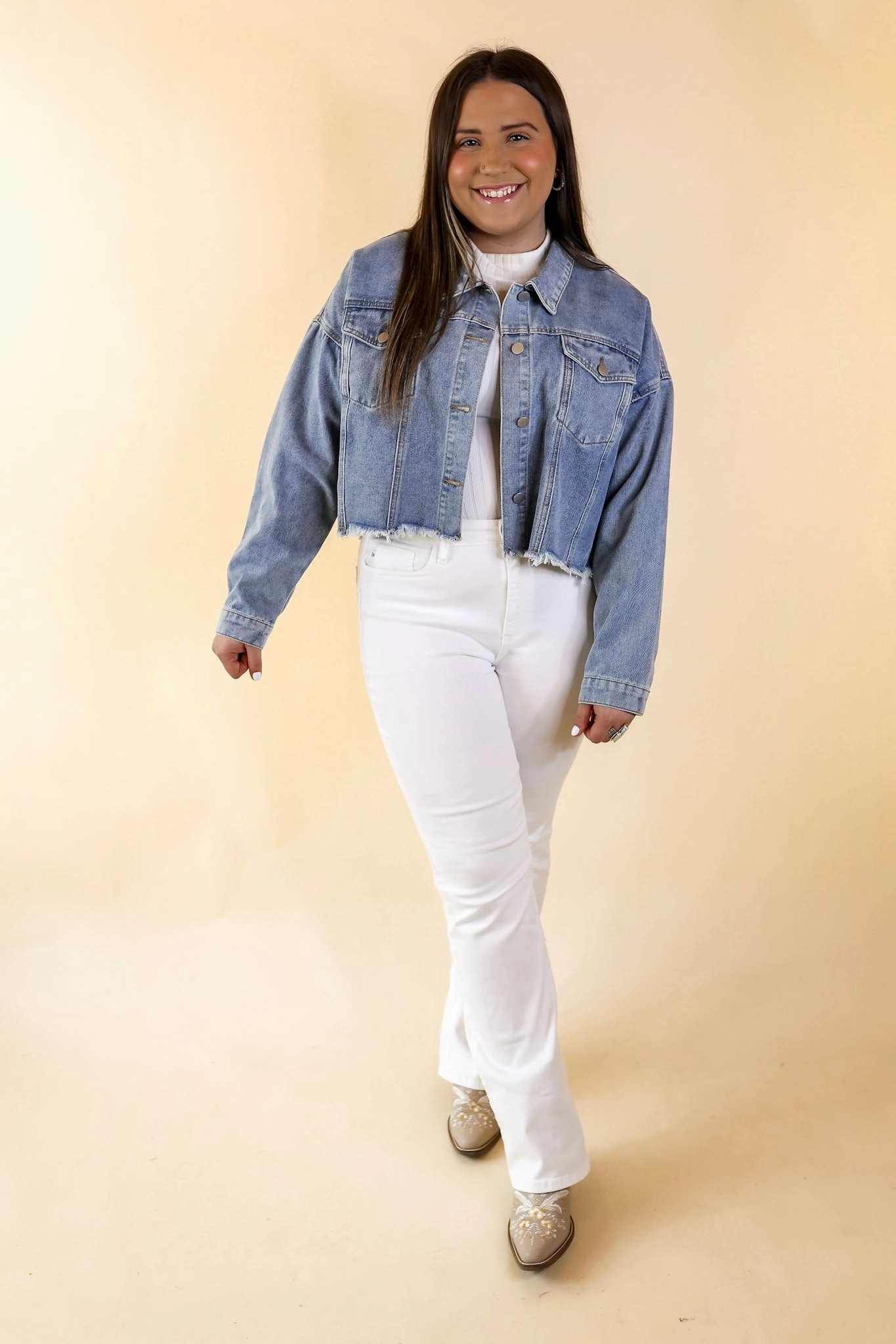 Nashville Nightlife Crystal Fringe Cropped Denim Jacket in Medium Wash Global Edge