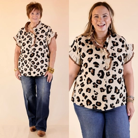 Trendy Outfit All-Day Wear Natural Charm Leopard Print Button Up Ruffle Sleeve Top in Taupe