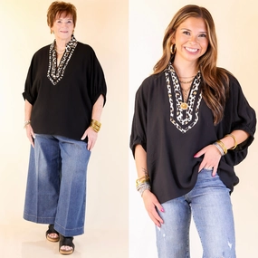 Double Stitched Seams Low Profile Pocket Design Naturally Stylish Leopard Print Trim Poncho Top in Black