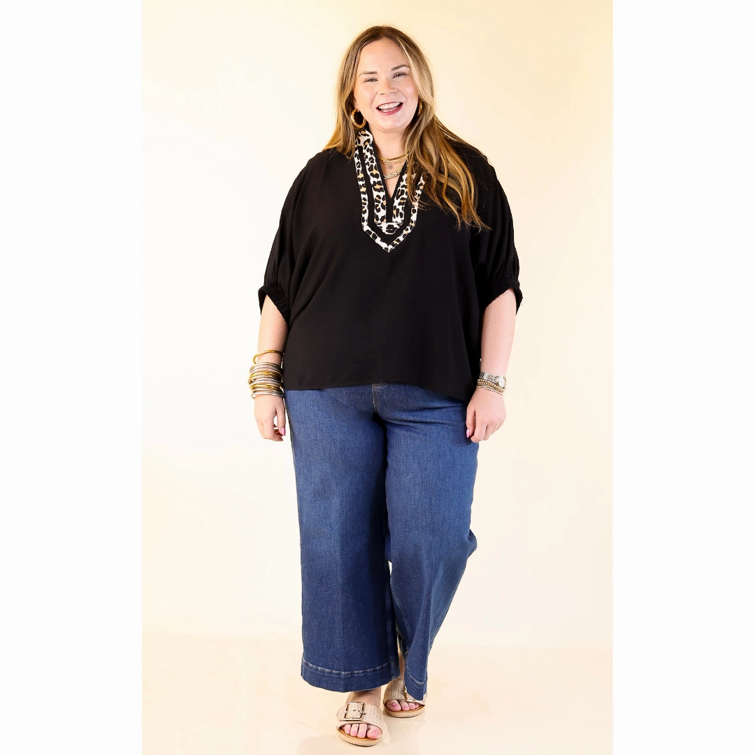 Naturally Stylish Leopard Print Trim Poncho Top in Black Subtle Details
