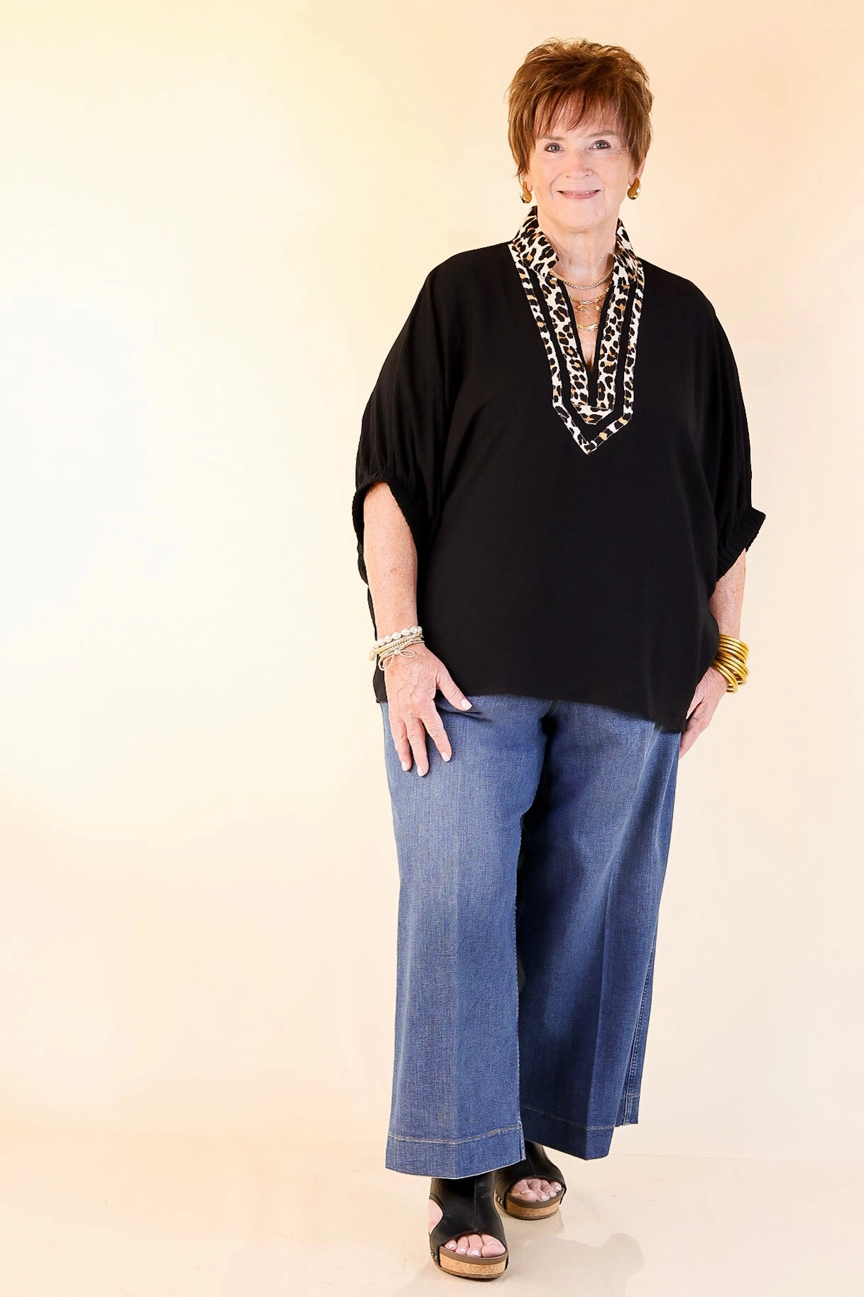 Naturally Stylish Leopard Print Trim Poncho Top in Black Winter Collection