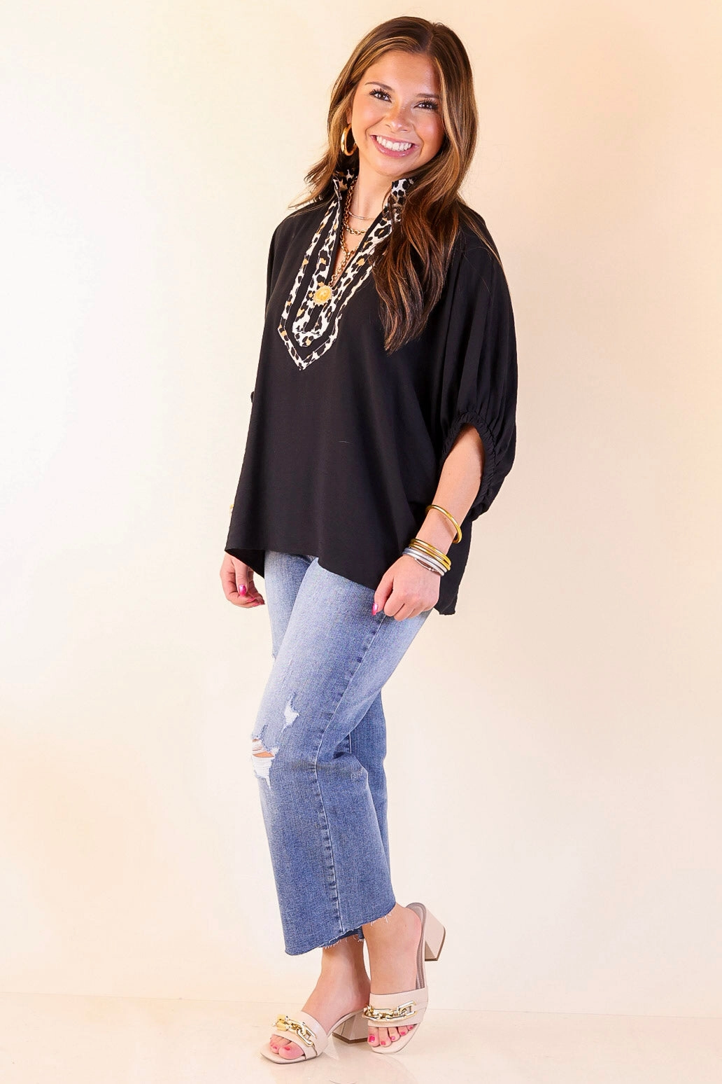 Naturally Stylish Leopard Print Trim Poncho Top in Black Multi Pocket Design