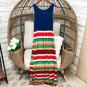 Navy Blue Tank Maxi Dress in Multicolor Stripe Pattern Sleek Waistband