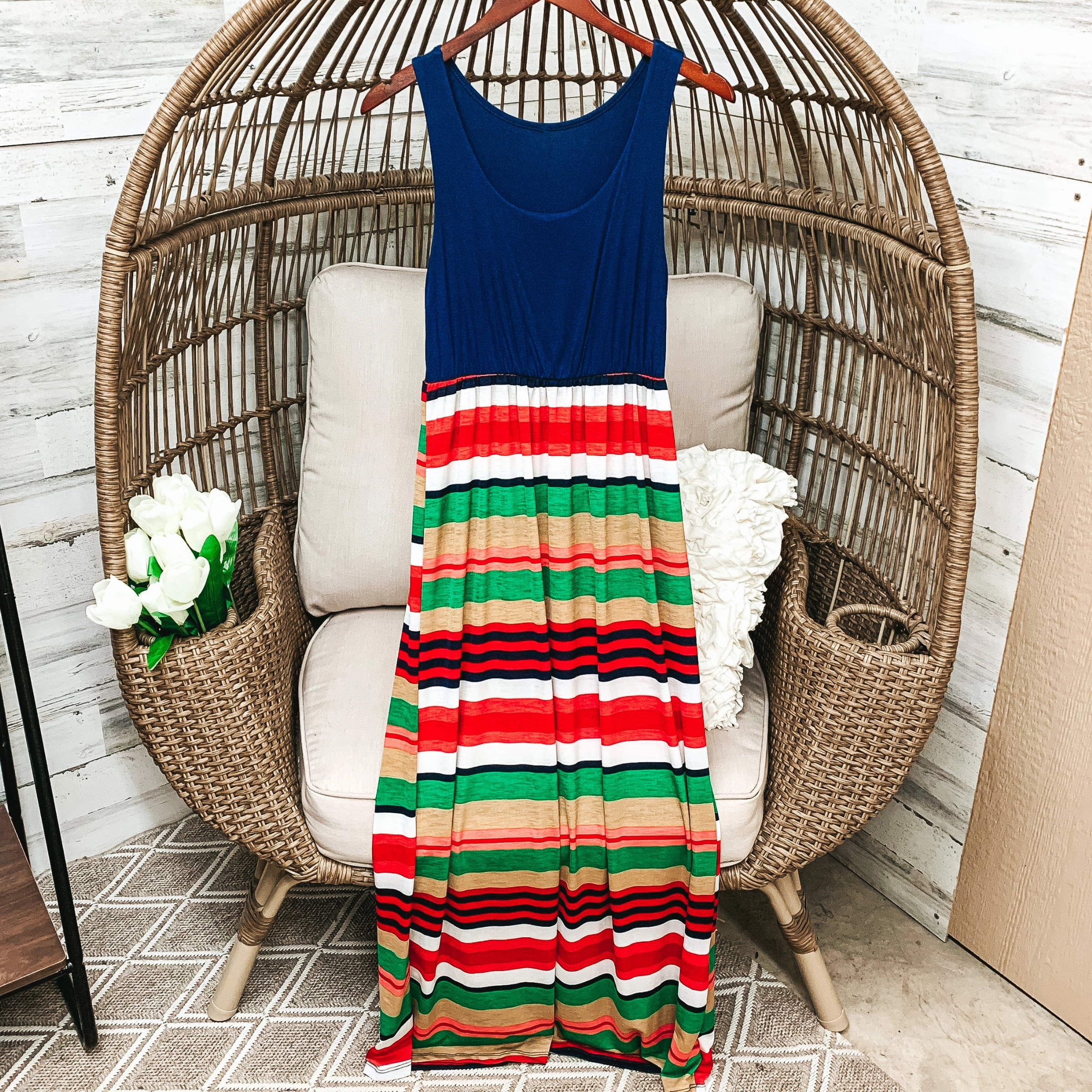 Navy Blue Tank Maxi Dress in Multicolor Stripe Pattern Travel-friendly