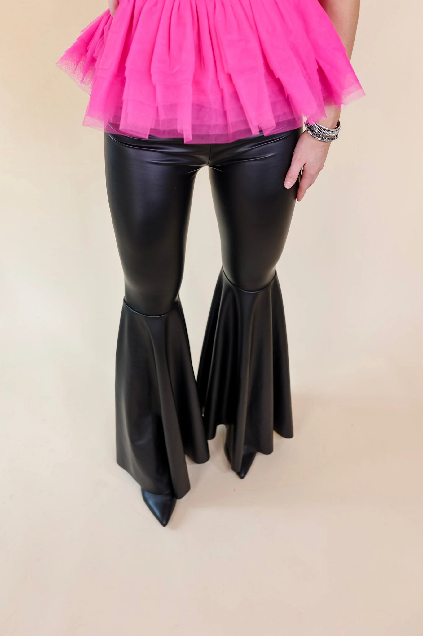 Nearly Famous Faux Leather Bell Bottom Pants in Black NonSlipGrip
