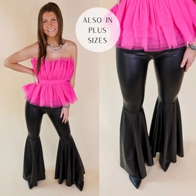 TensionAdjustedWaistband Nearly Famous Faux Leather Bell Bottom Pants in Black