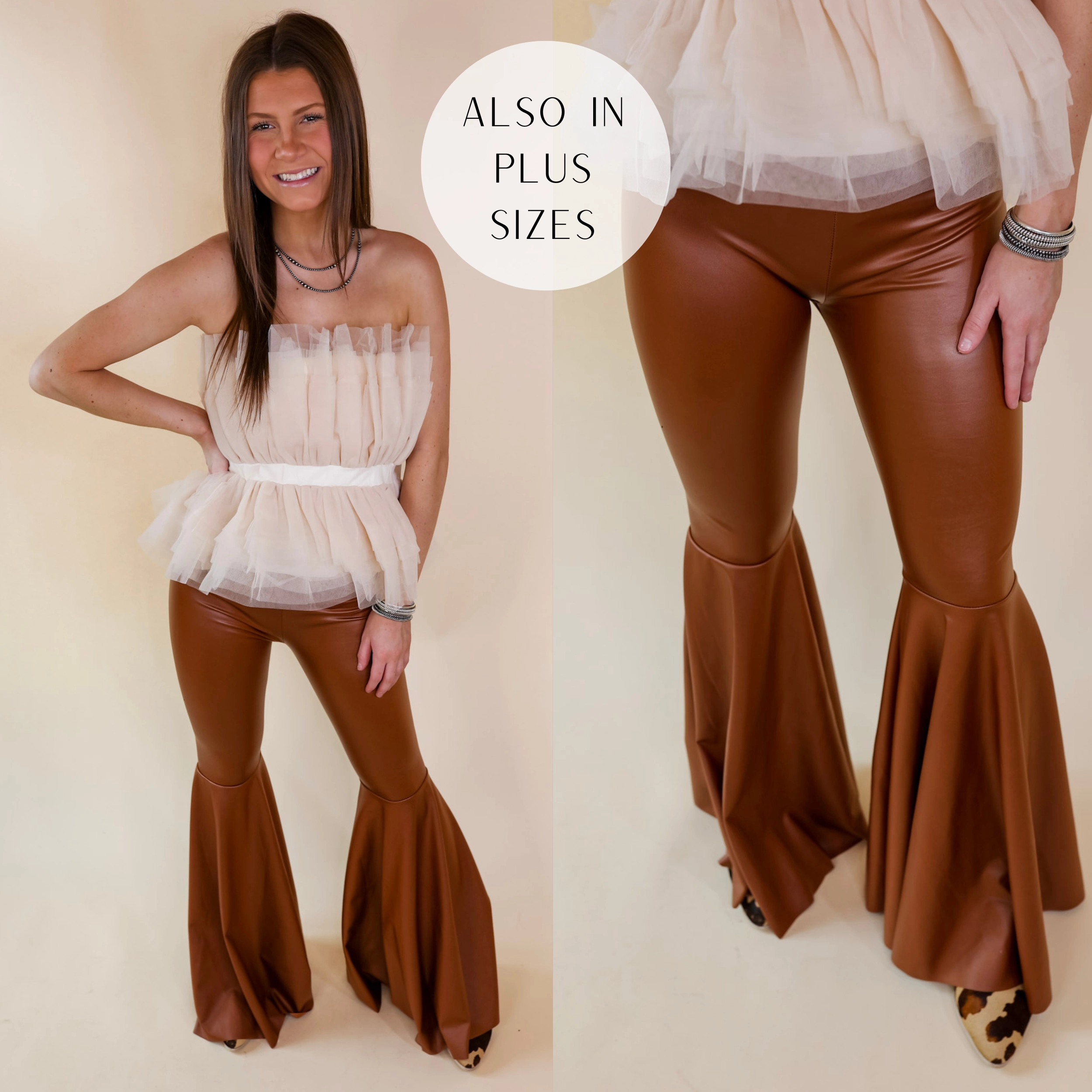 Match Fit Stage Feel Nearly Famous Faux Leather Bell Bottom Pants in Camel Brown