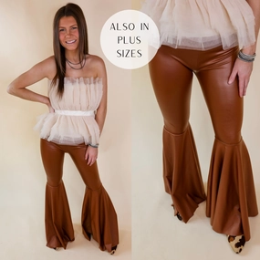 Layered Shirt Wave Core Nearly Famous Faux Leather Bell Bottom Pants in Camel Brown
