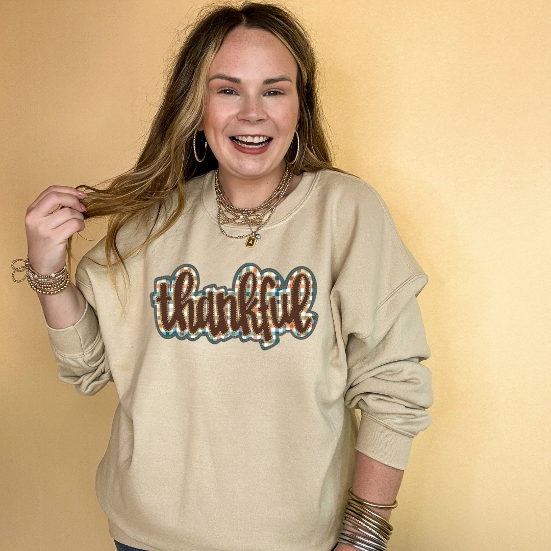 Relaxed Fit Design Sporty Stretch Fit Online Exclusive | Thankful Plaid Patch Graphic Sweatshirt in Multiple Color Options