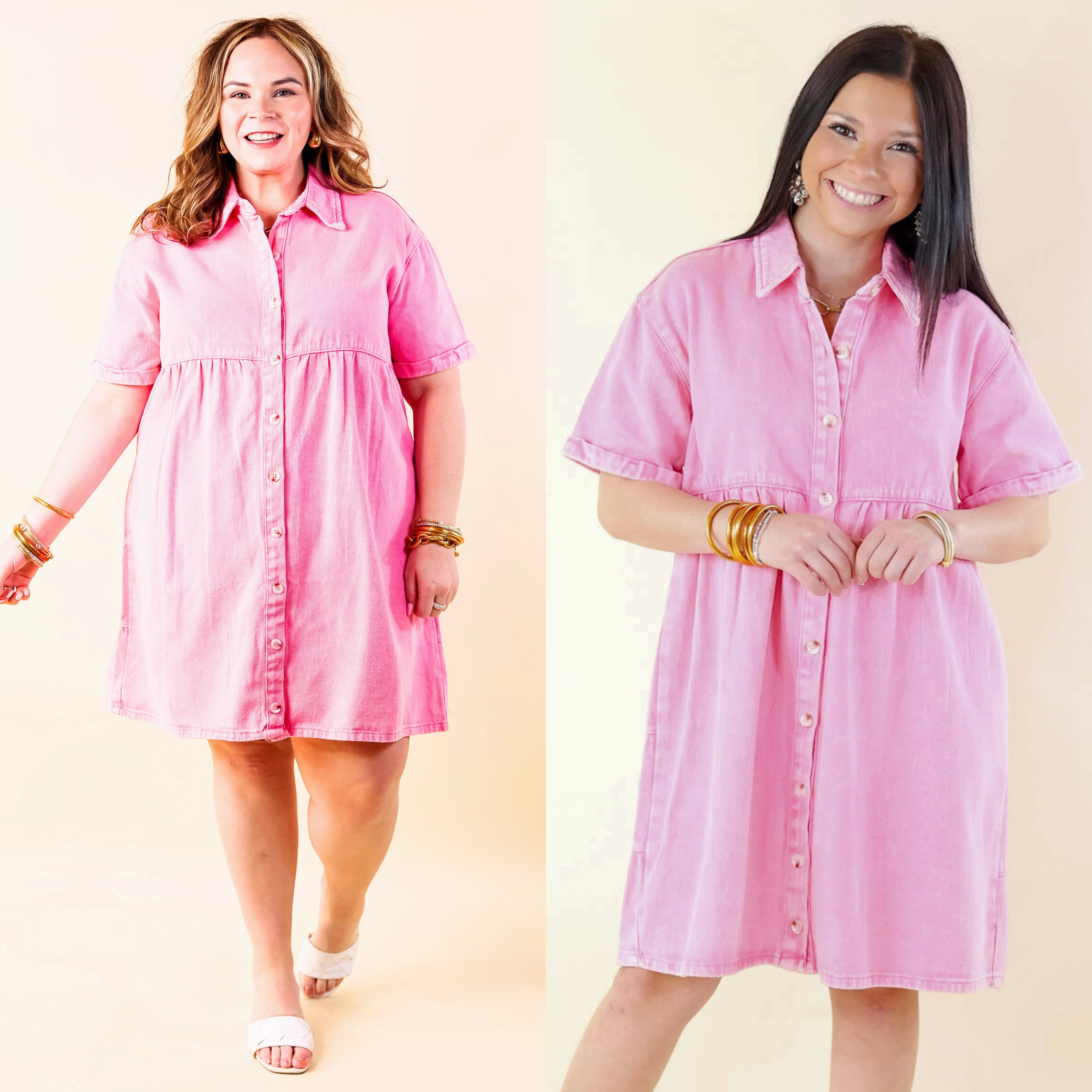 Nice to Meet You Button Up Collared Denim Dress in Pink AntiPilling Finish