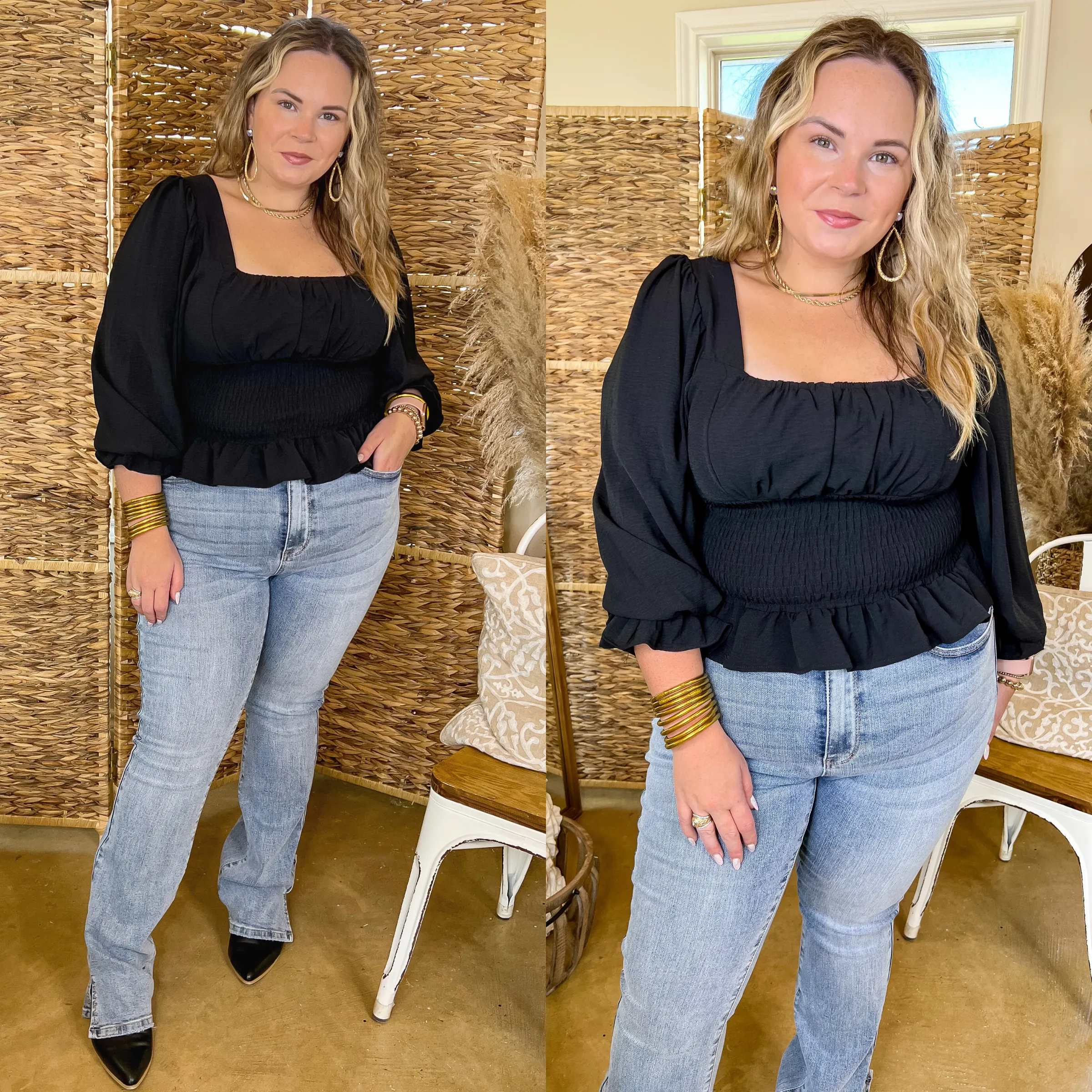 Starting Fresh Long Sleeve Peplum Top with Smocked Bodice in Black ReflectiveAccents