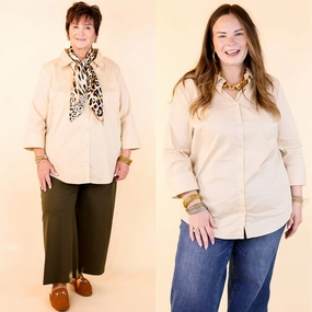 HiddenVentilationPockets Simply Chic Collared Button Up Top with 3/4 Sleeves in Cream
