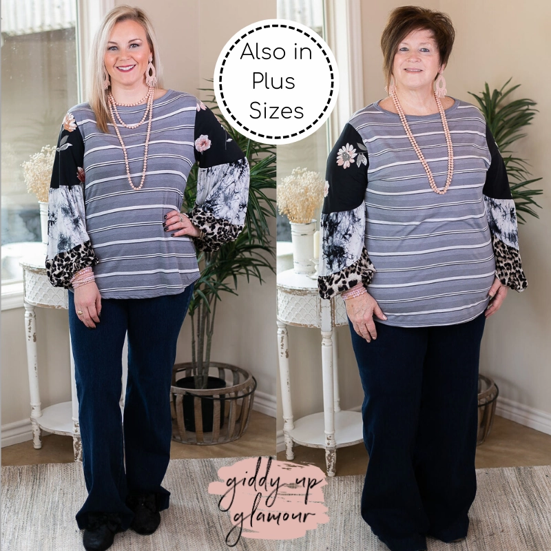 No Looking Back Striped Top with Multi Print Puff Sleeves in Black and Grey Chic Look