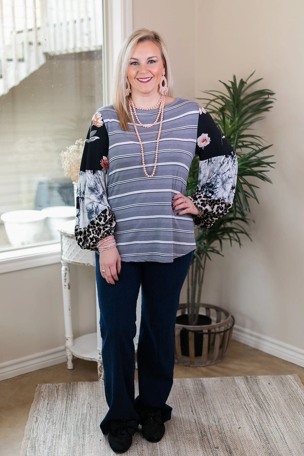 No Looking Back Striped Top with Multi Print Puff Sleeves in Black and Grey Layered Panel Construction