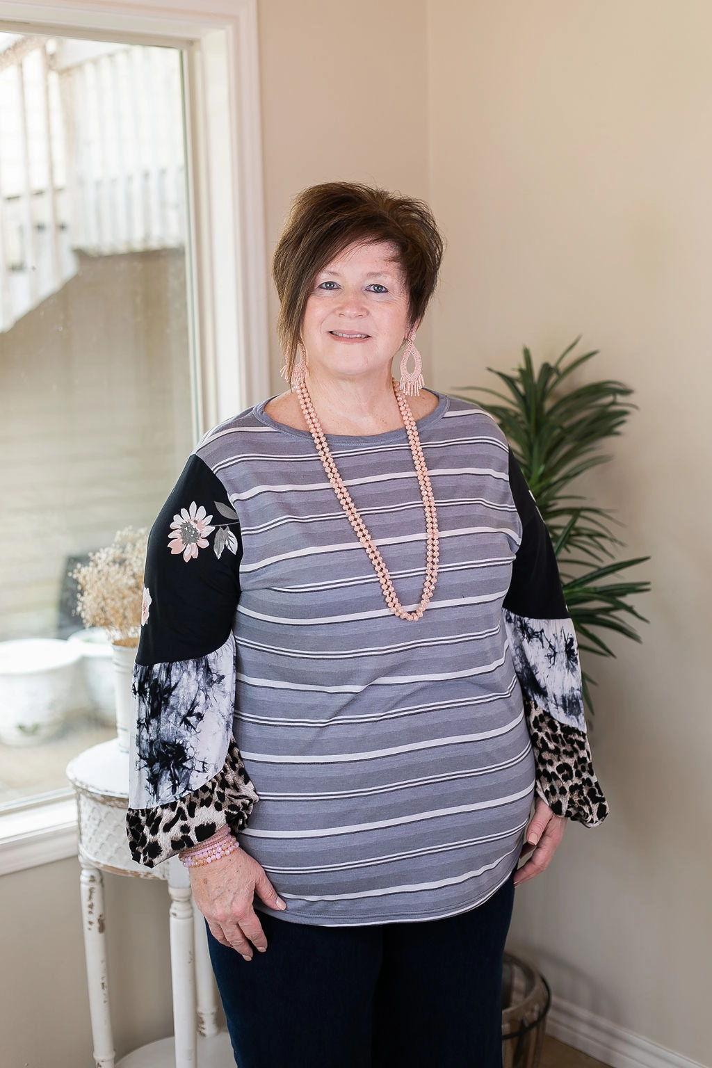 No Looking Back Striped Top with Multi Print Puff Sleeves in Black and Grey EasyCare Fabric Resilient Elasticity