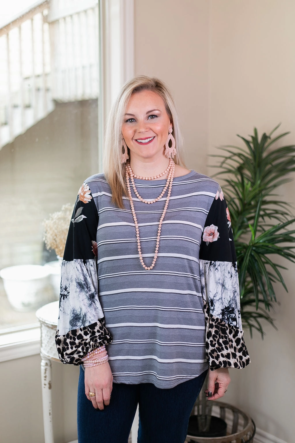 Bold Design No Looking Back Striped Top with Multi Print Puff Sleeves in Black and Grey