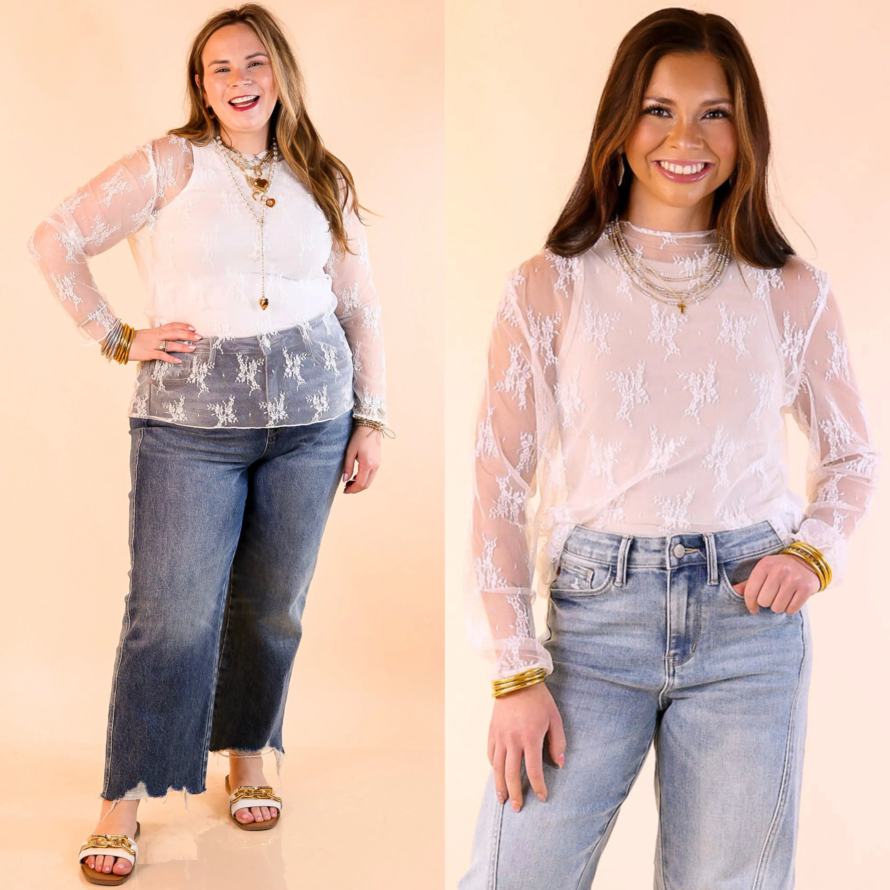 Delicate Charm Long Sleeve Sheer Lace Top with Mock Neck in Ivory Flexible Knit Breathable mesh panel