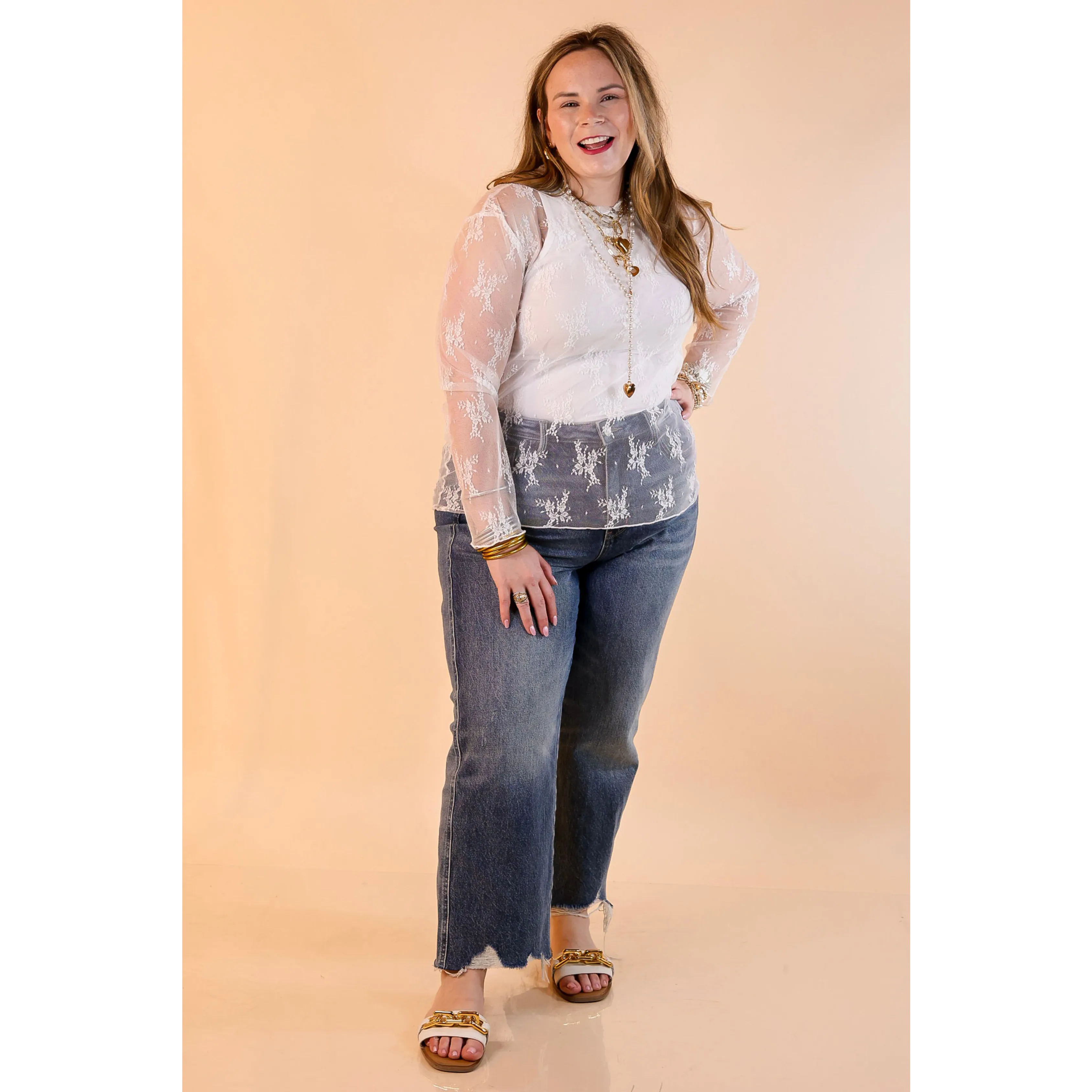 Low Profile Collar Delicate Charm Long Sleeve Sheer Lace Top with Mock Neck in Ivory