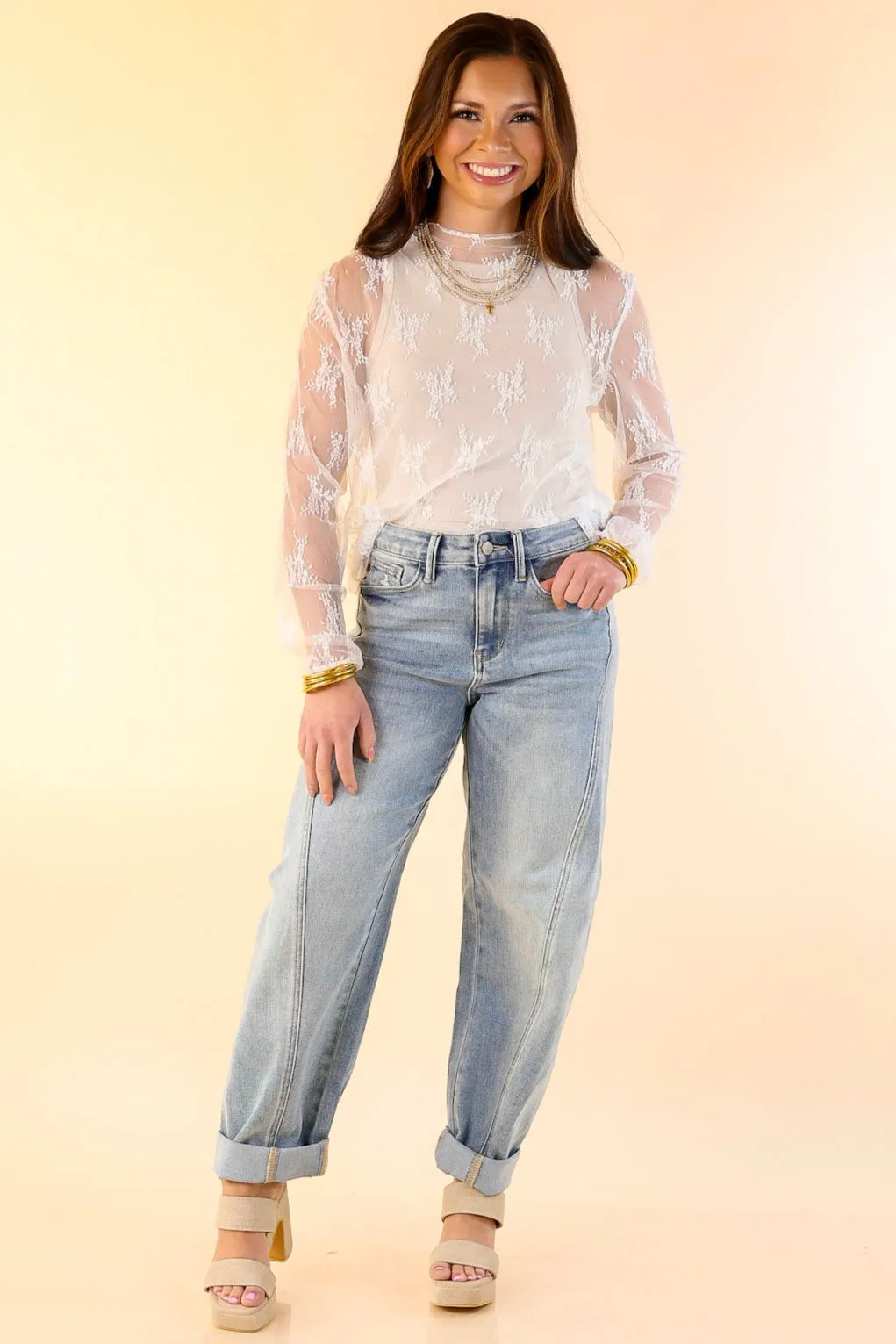 Antimicrobial Treatment Delicate Charm Long Sleeve Sheer Lace Top with Mock Neck in Ivory