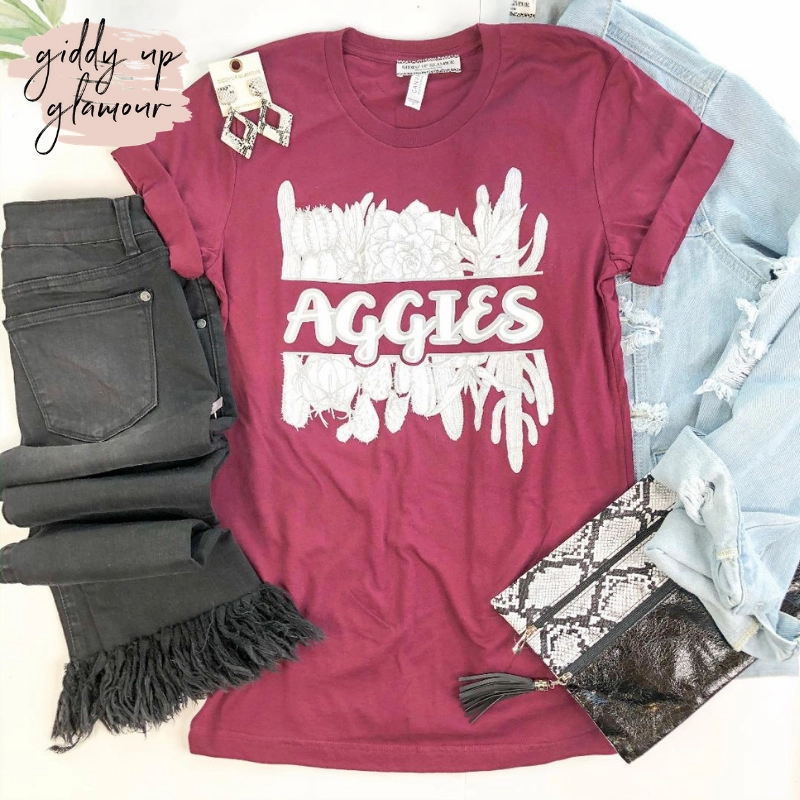 DoubleStitched Construction Last Chance Size 3XL | Aggie Game Day | Aggies in Cursive with Cactus Short Sleeve Tee Shirt in Maroon