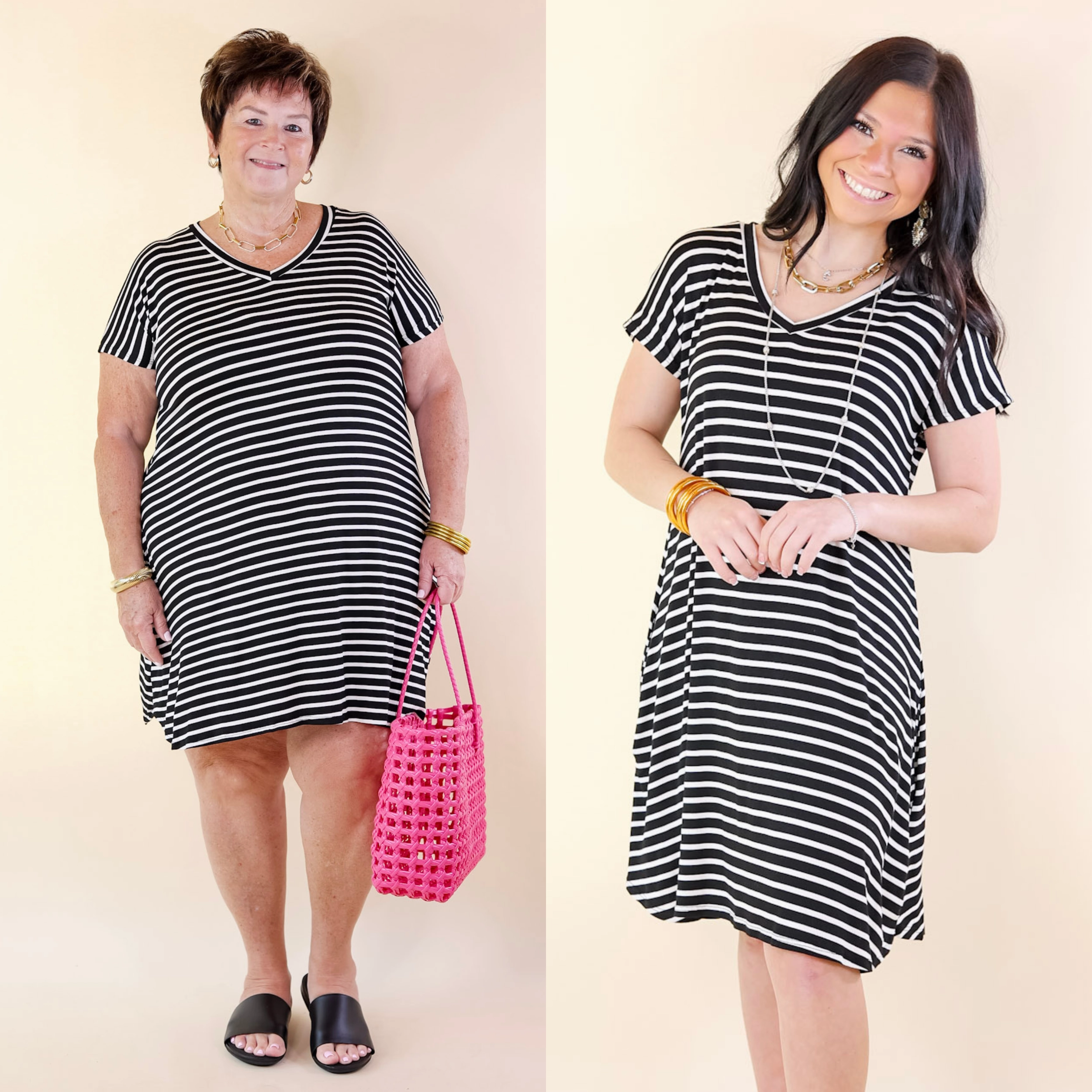 Effortless Moments Striped Short Sleeve Tee Shirt Dress in Black Lightweight Vest Handmade Fit