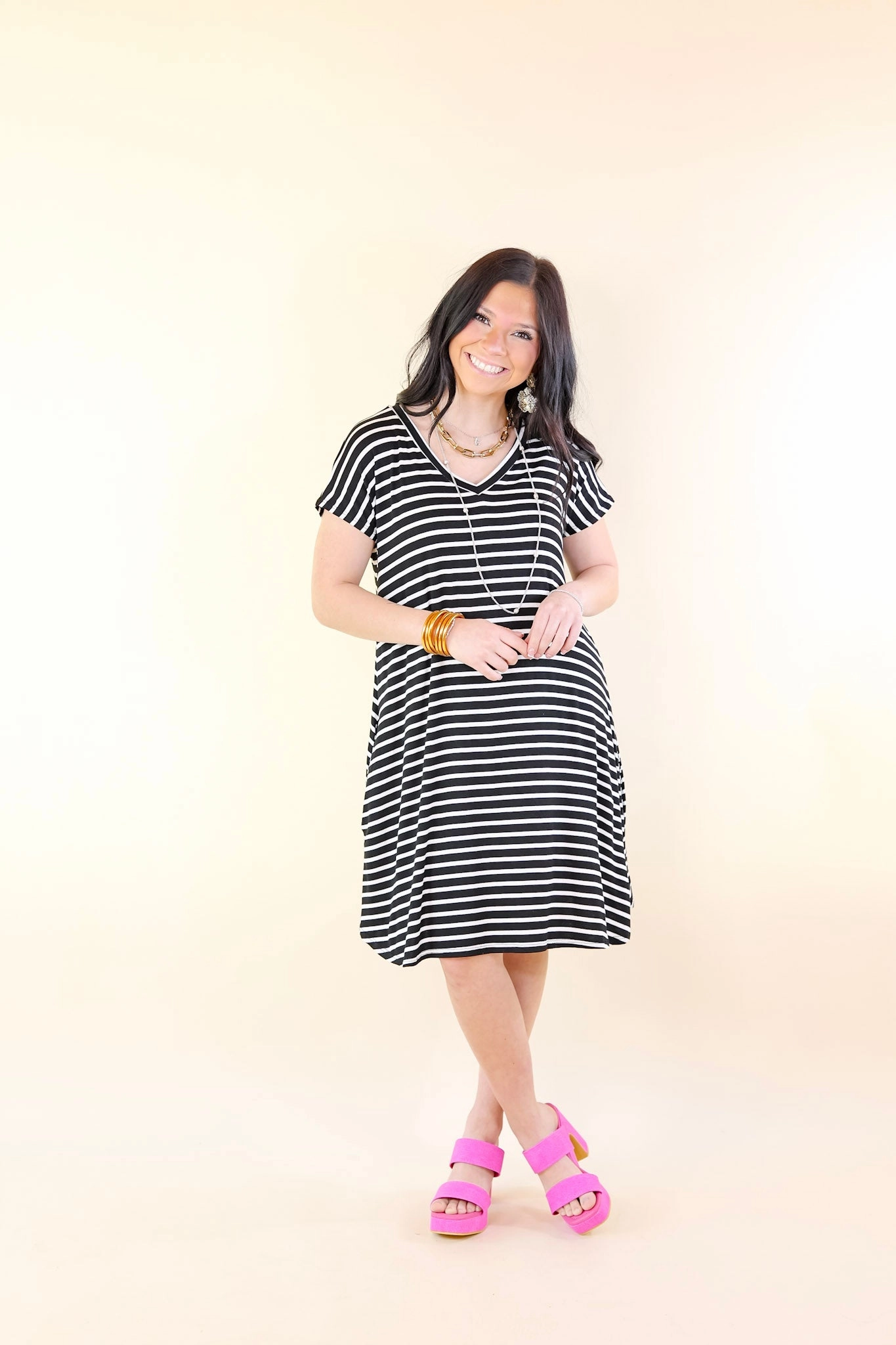 Effortless Moments Striped Short Sleeve Tee Shirt Dress in Black AdjustableWaist Heavy Outerwear