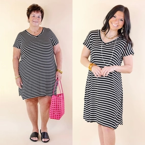 Effortless Moments Striped Short Sleeve Tee Shirt Dress in Black Lightweight Vest Handmade Fit