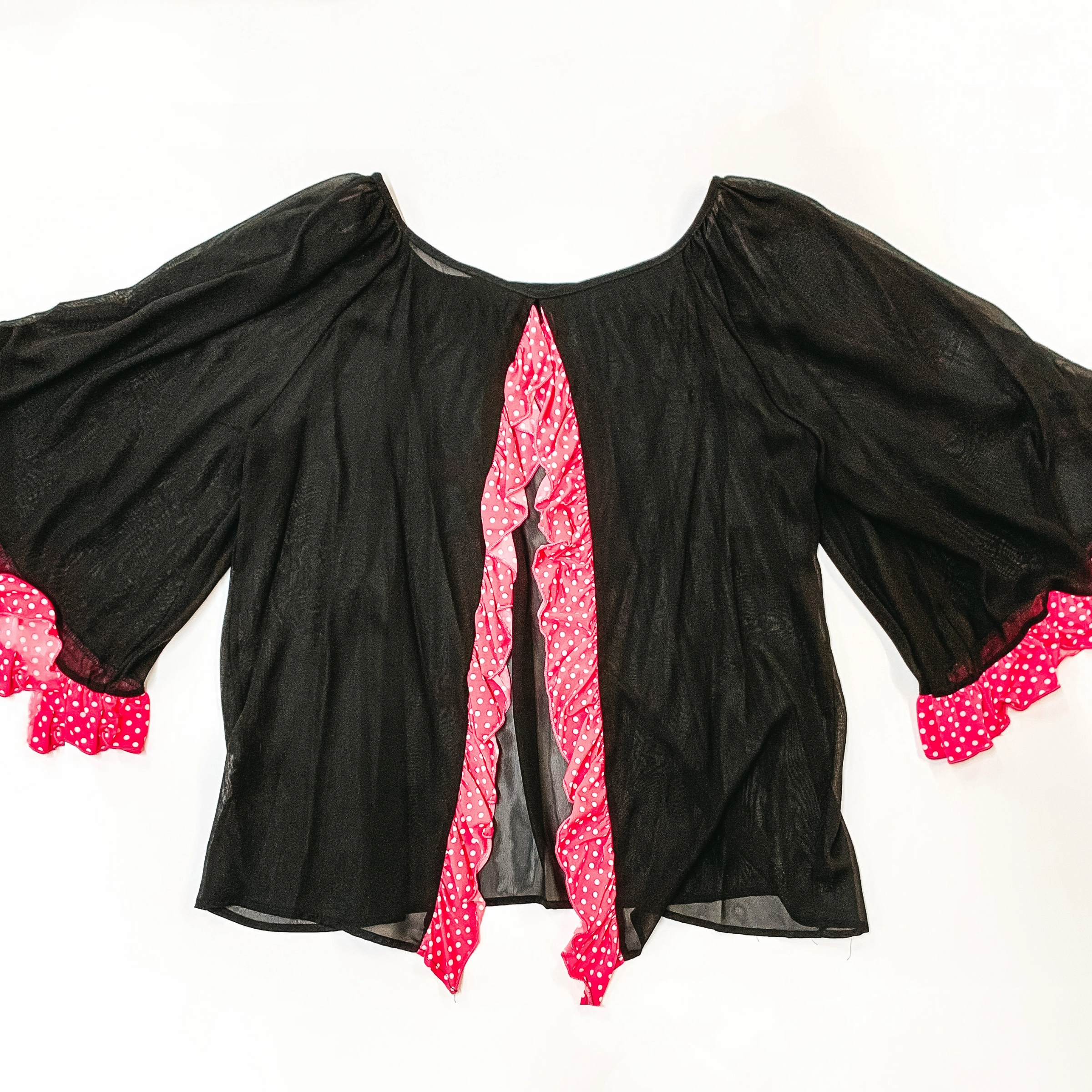 Last Chance Size XL | Sheer Open Back Blouse with Pink Dotted Ruffle Hemlines in Black Glow Core