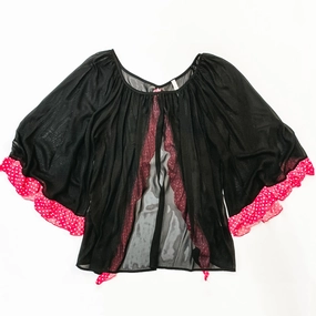 Fur Fit Last Chance Size XL | Sheer Open Back Blouse with Pink Dotted Ruffle Hemlines in Black