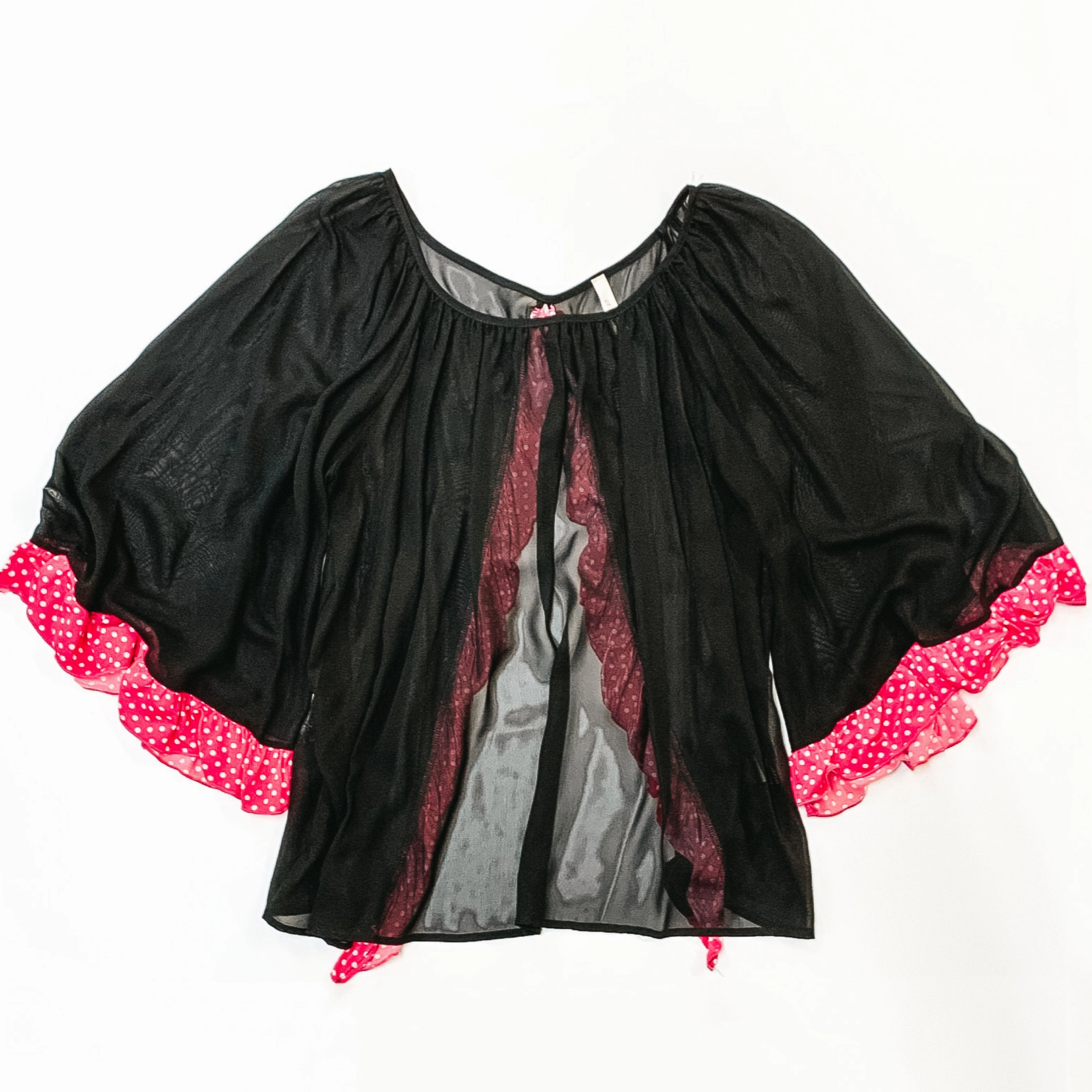 Last Chance Size XL | Sheer Open Back Blouse with Pink Dotted Ruffle Hemlines in Black AllDayComfort