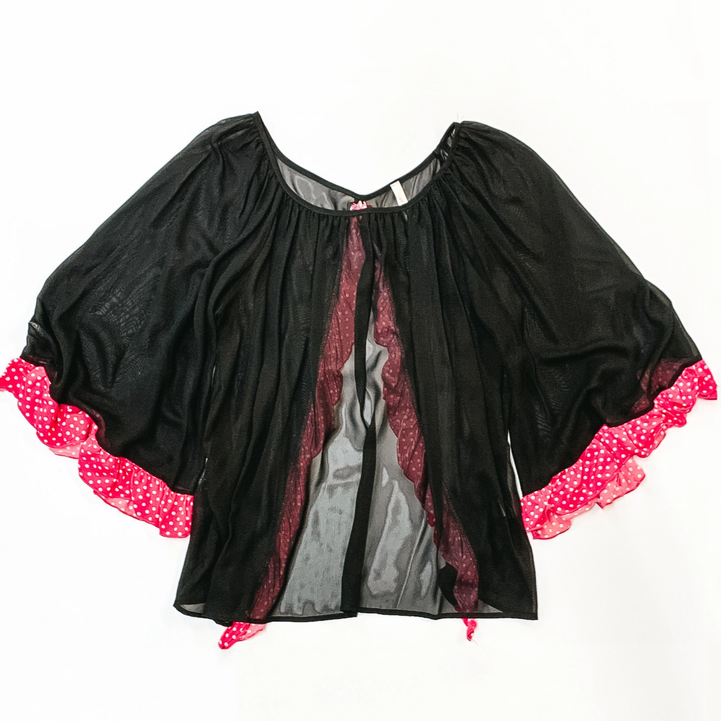 Fur Fit Last Chance Size XL | Sheer Open Back Blouse with Pink Dotted Ruffle Hemlines in Black